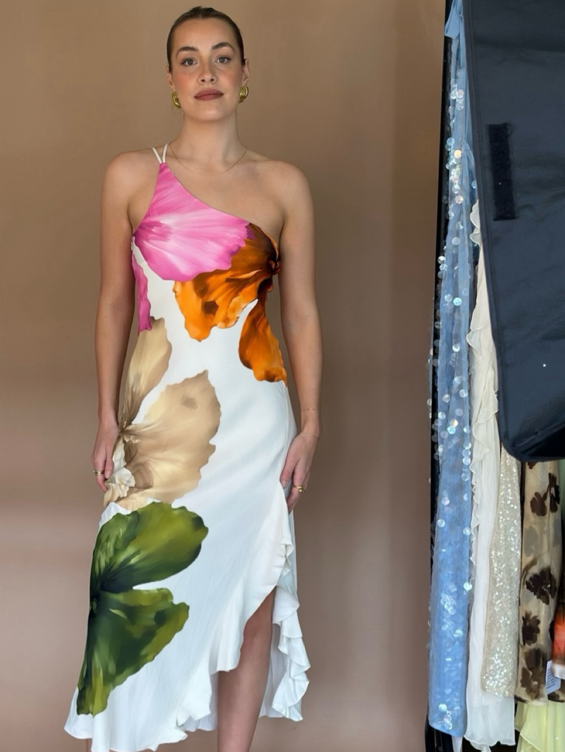 Independent designer Anthro floral halter dress palm available to rent