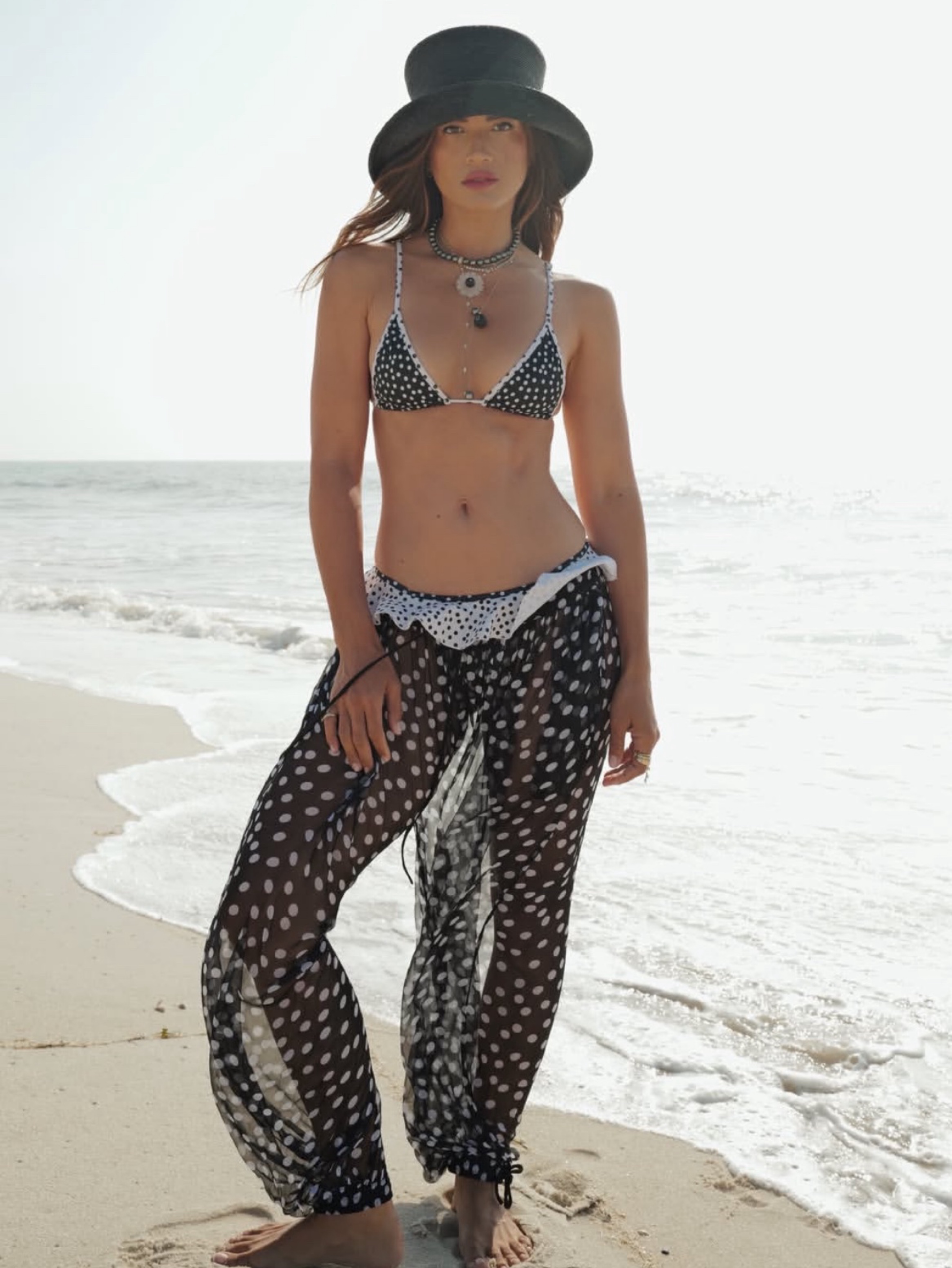 Independent designer Leslie Amon polka dot pants available to rent