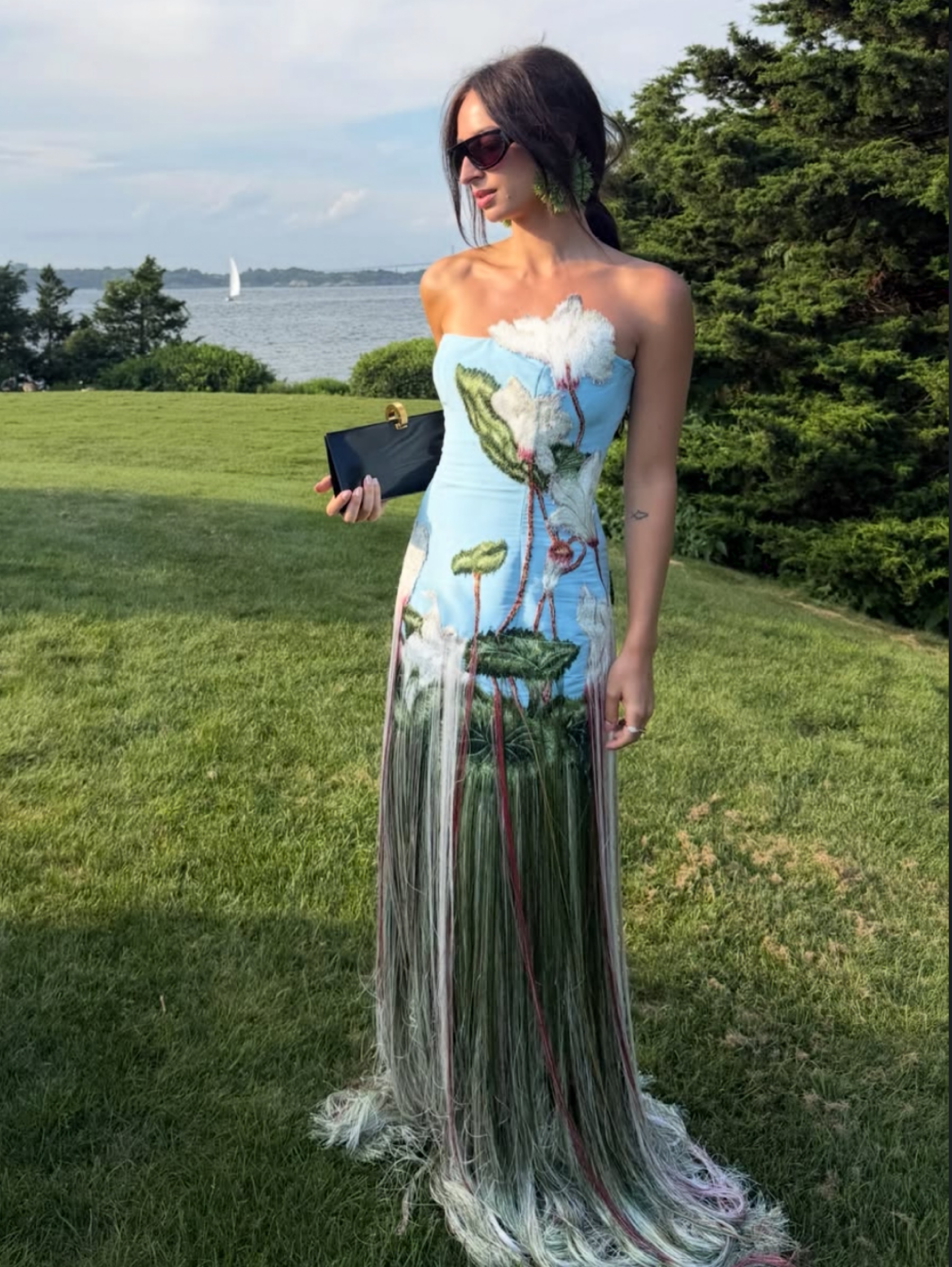 Independent designer Oscar De La Renta Chiné Cyclamen fringe floral dress blue available to rent