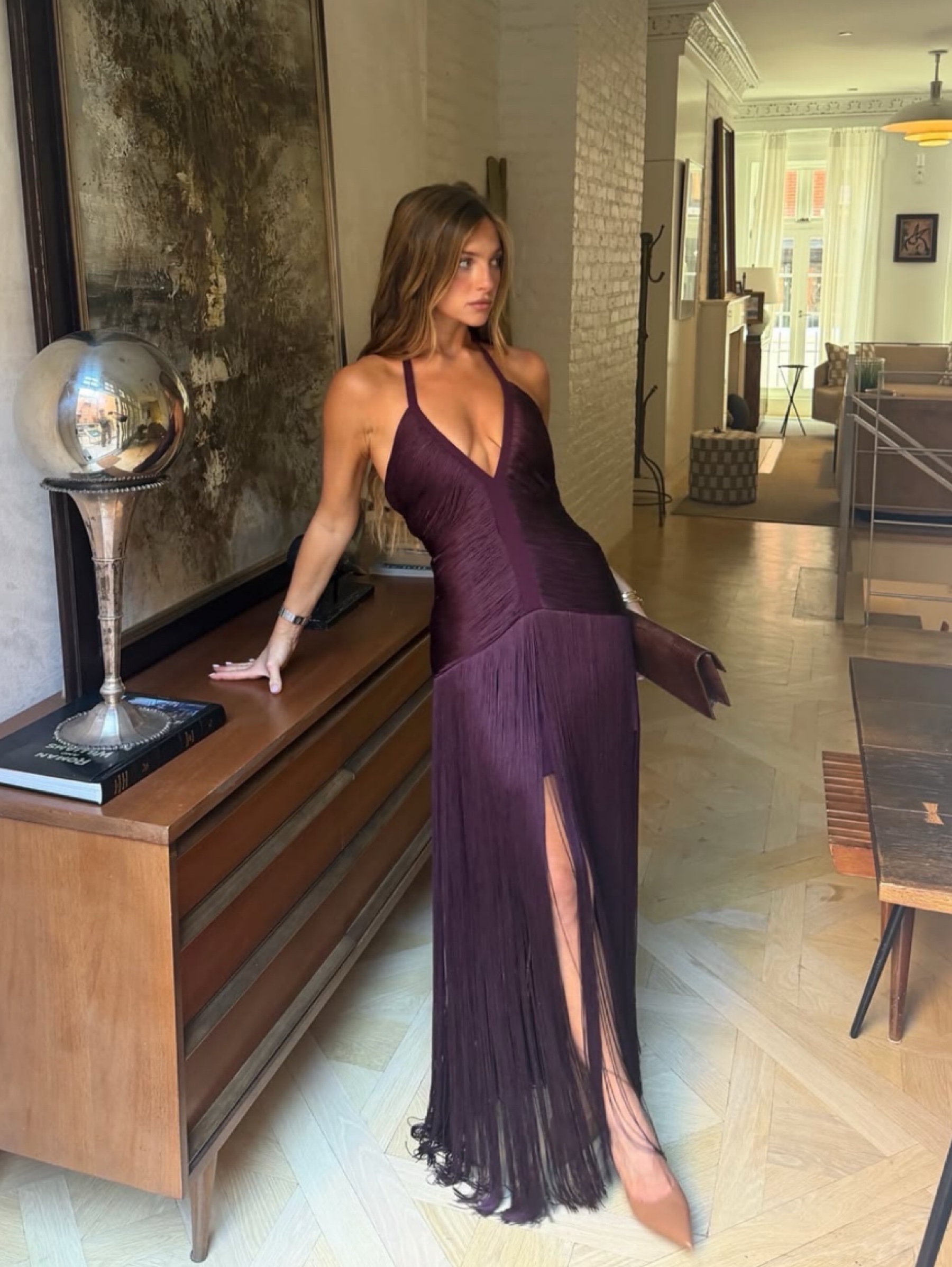 Independent designer Tiffany fringe plum dress available to rent