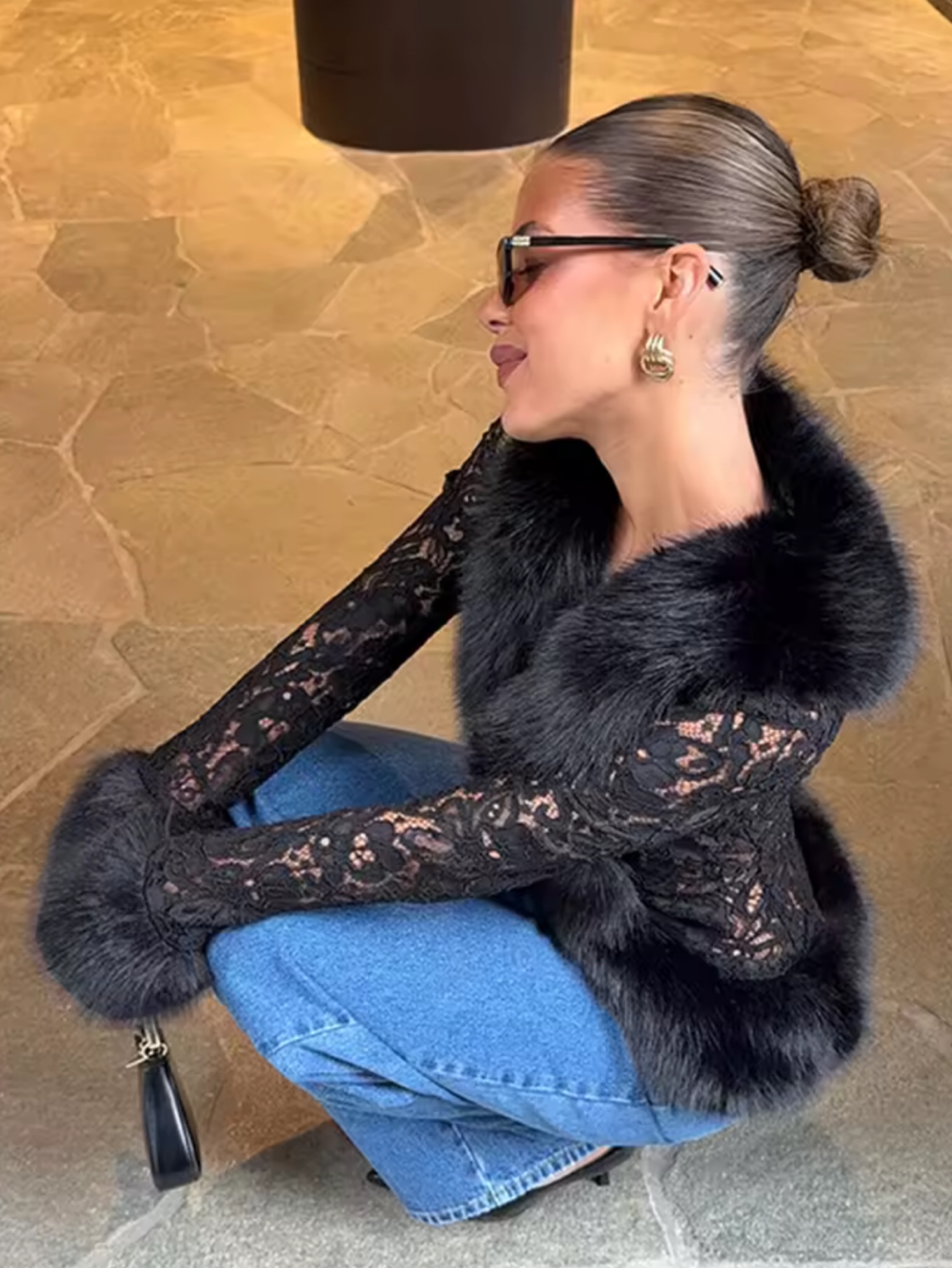 Independent designer Lace fur trim cardigan coat available to rent