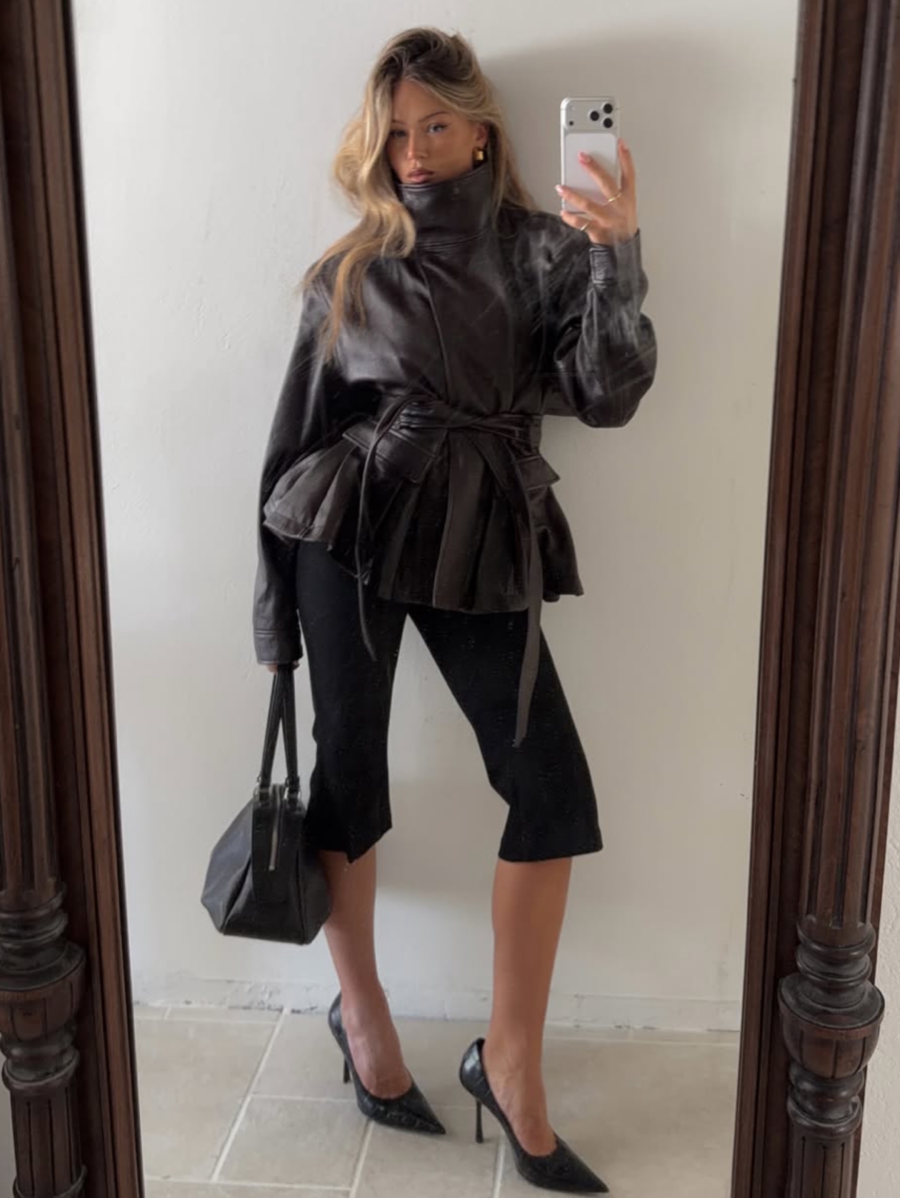 Independent designer Arakii belated leather jacket peplum available to rent