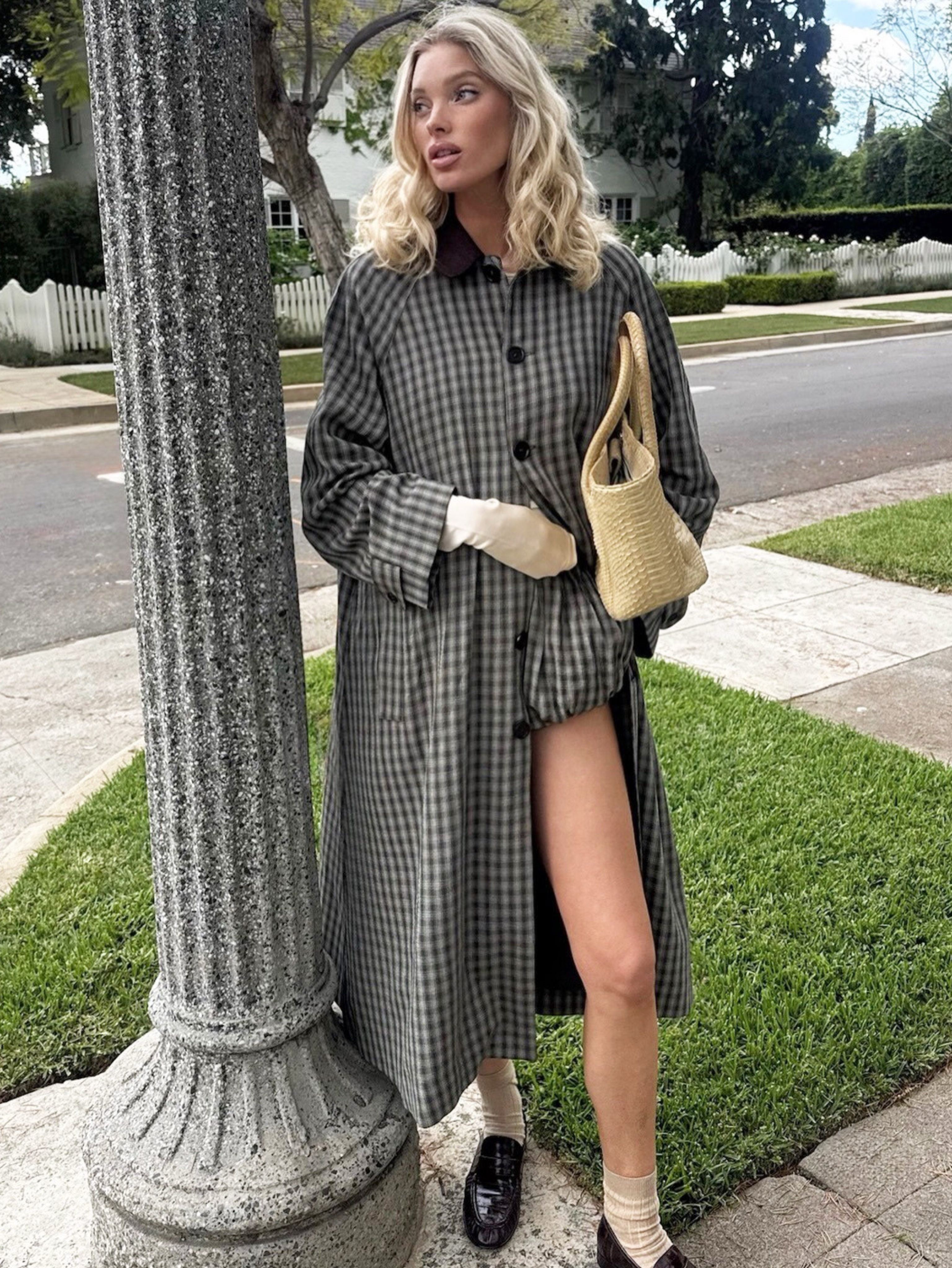Independent designer Helsa novelty trench coat green & brown plaid available to rent
