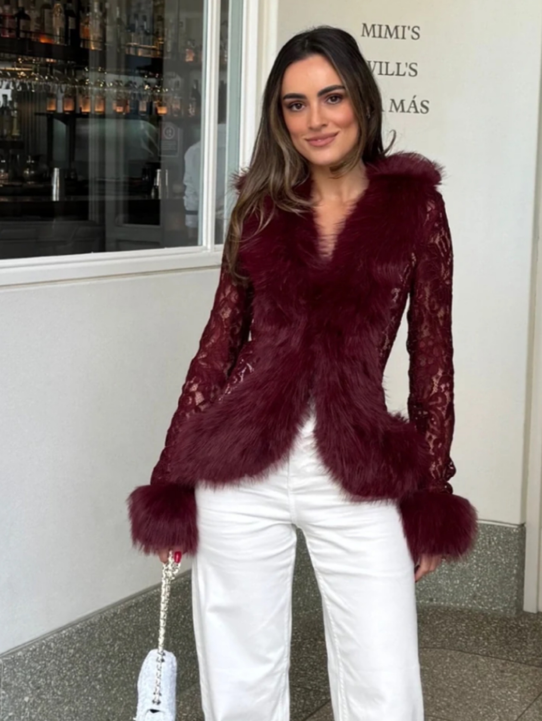 Red lace fur trim cardigan top
