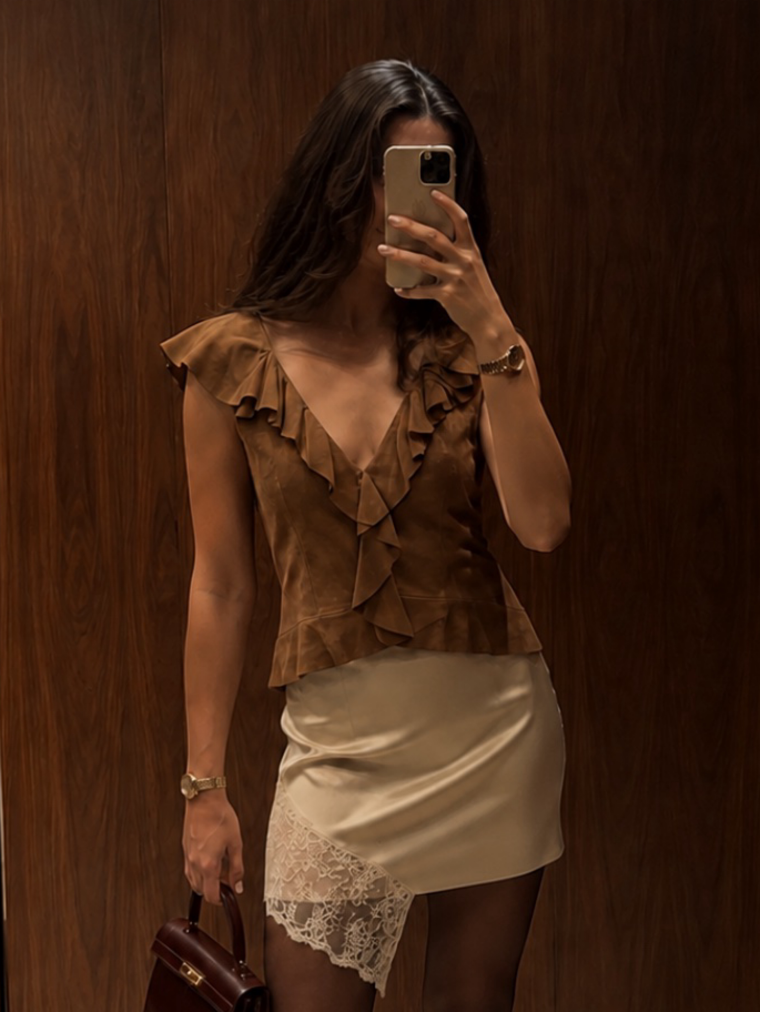 Independent designer Ralph Lauren suede top available to rent