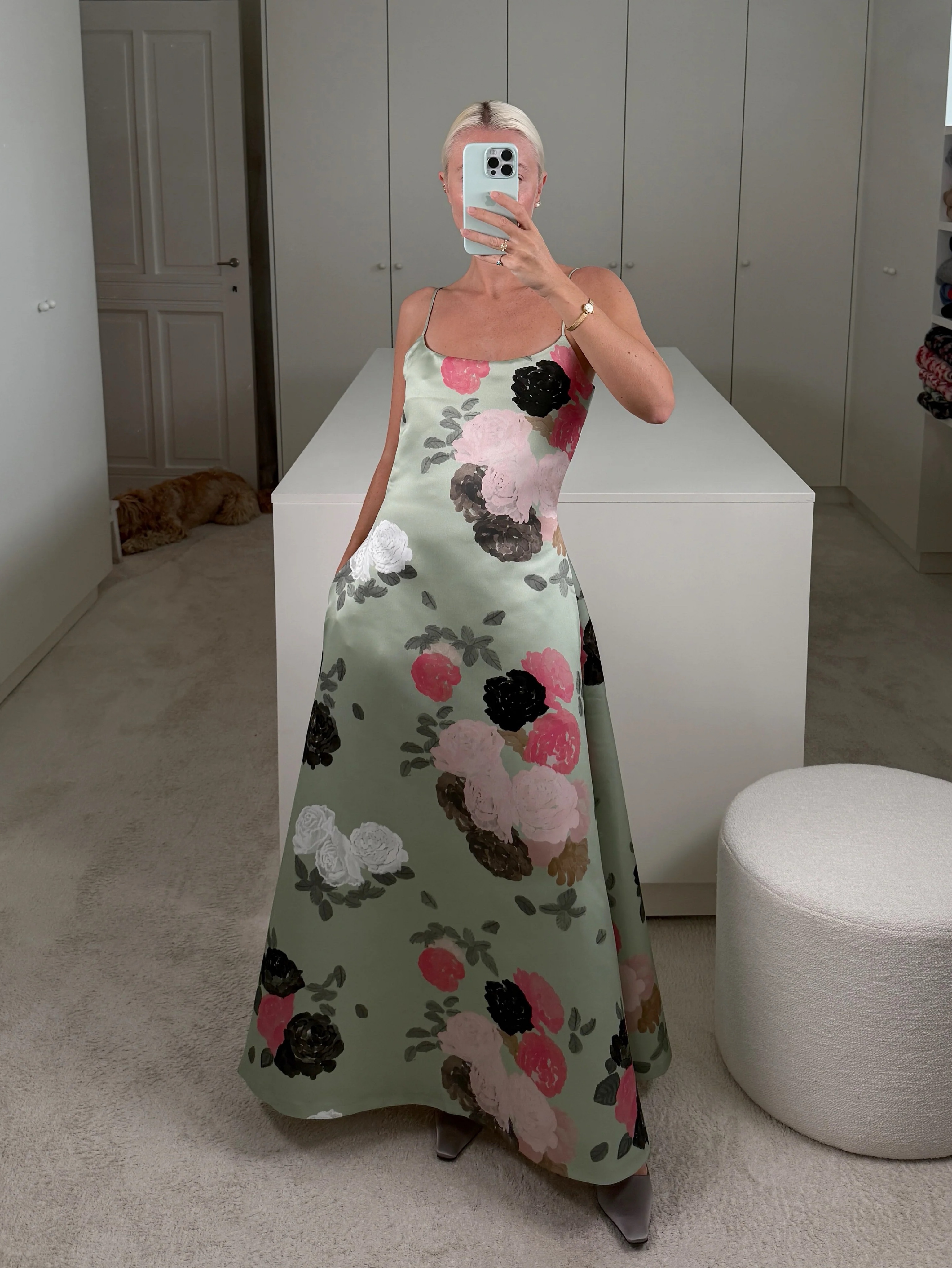 Independent designer Bernadette Nicole floral satin dress available to rent