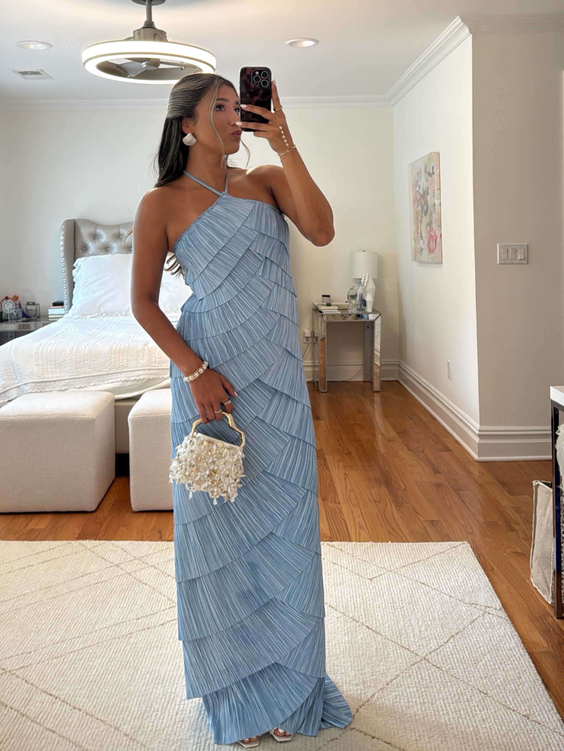 Independent designer Blue halter marsla shell style dress available to rent