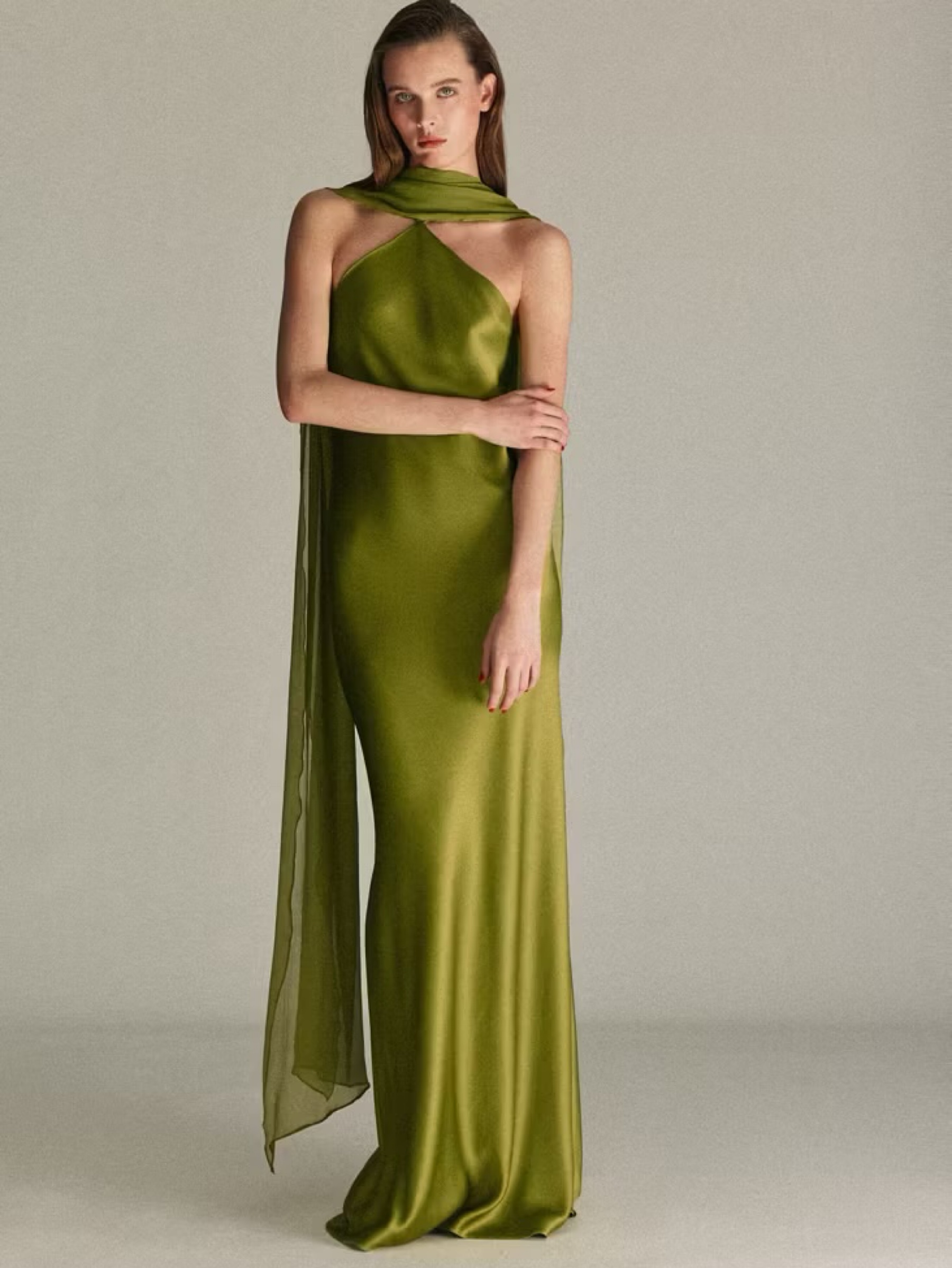 Independent designer Mango capsule satin halter gown green available to rent