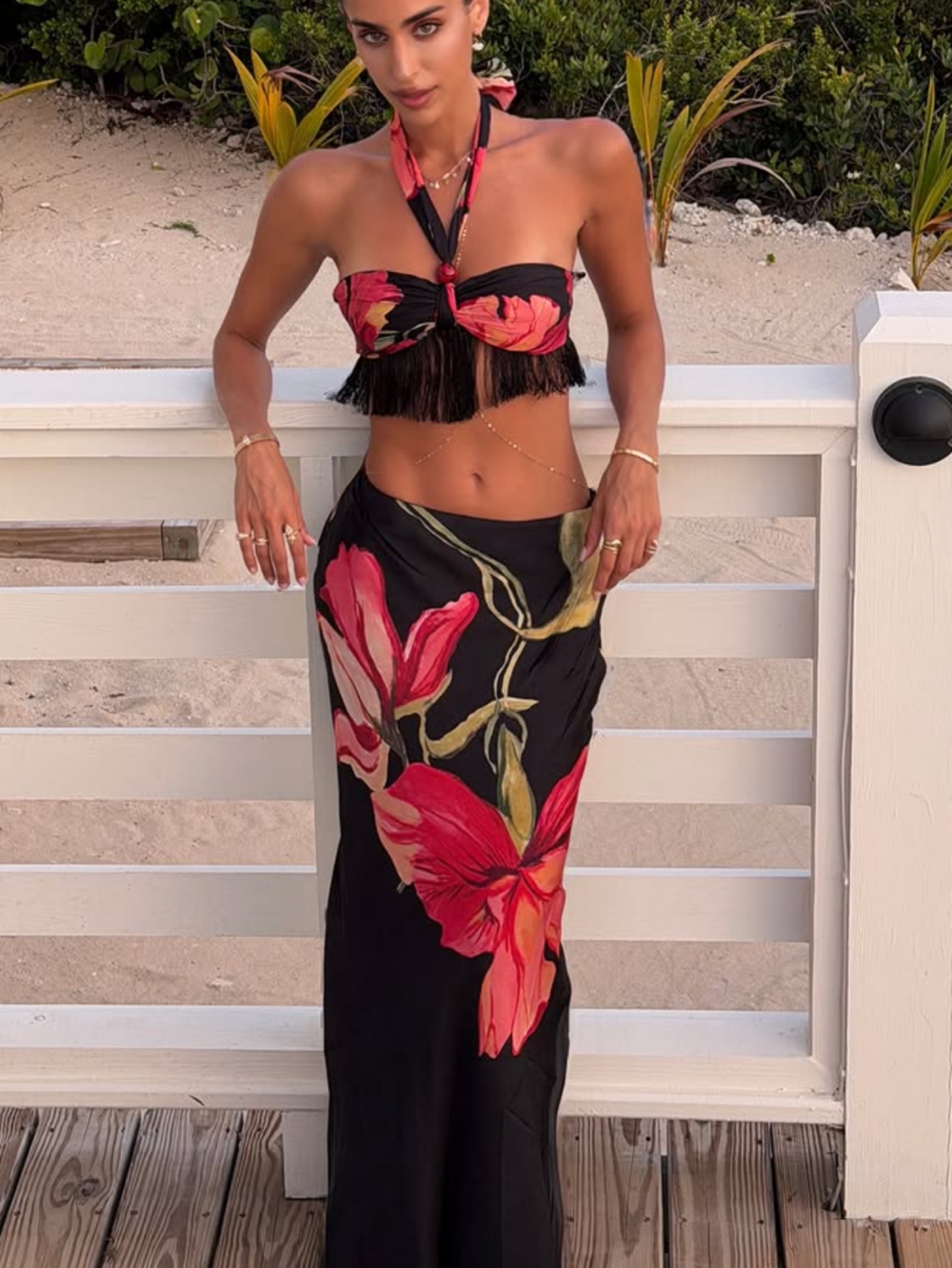 Independent designer Rocco Sand fringe halter SET xs available to rent