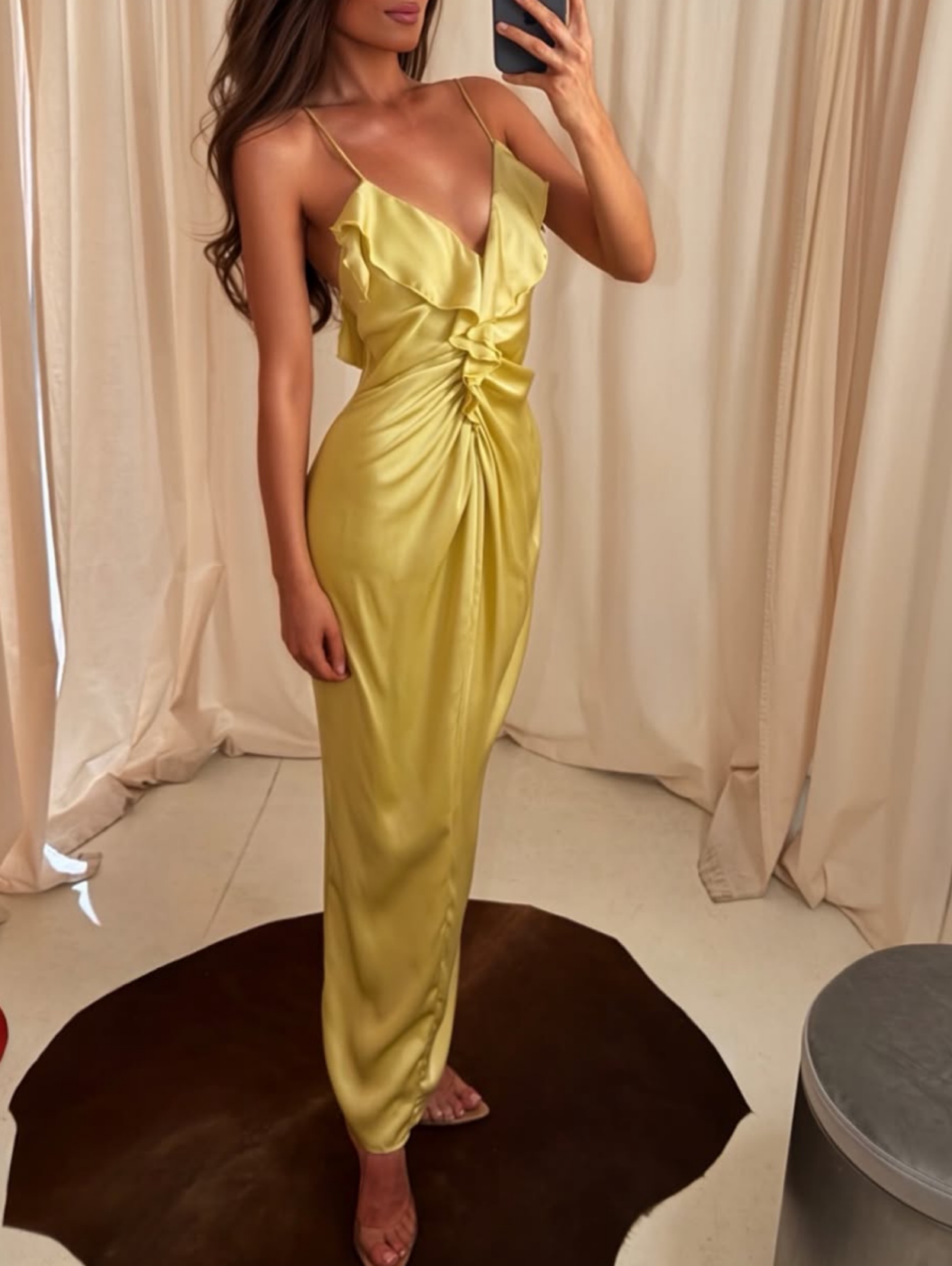 Independent designer Fall yellow wedding guest dress available to rent