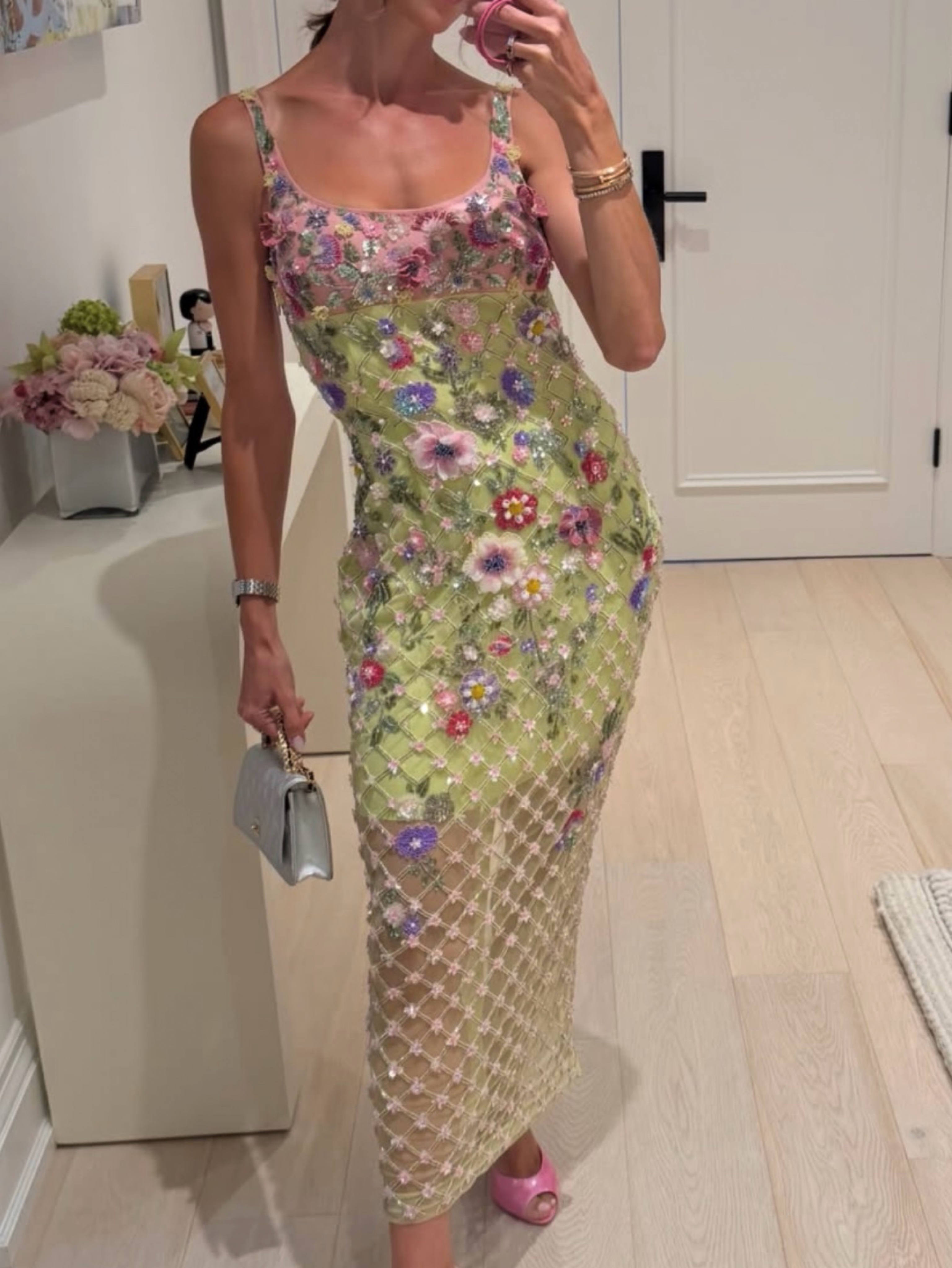 Independent designer Là Fuori floral embellished mesh cocktail dress available to rent