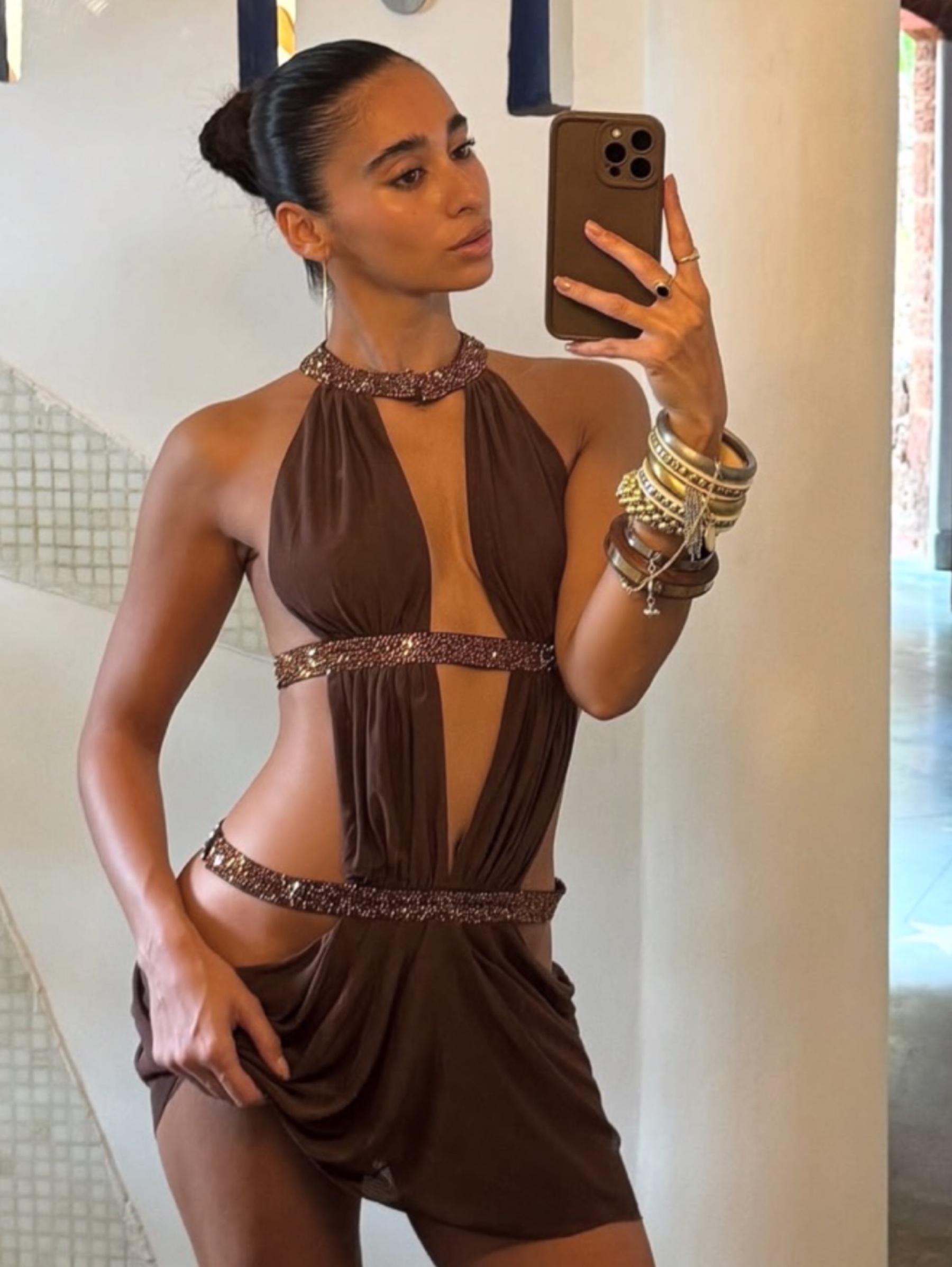 Independent designer Jaded London brown halter cutout dress mocha available to rent