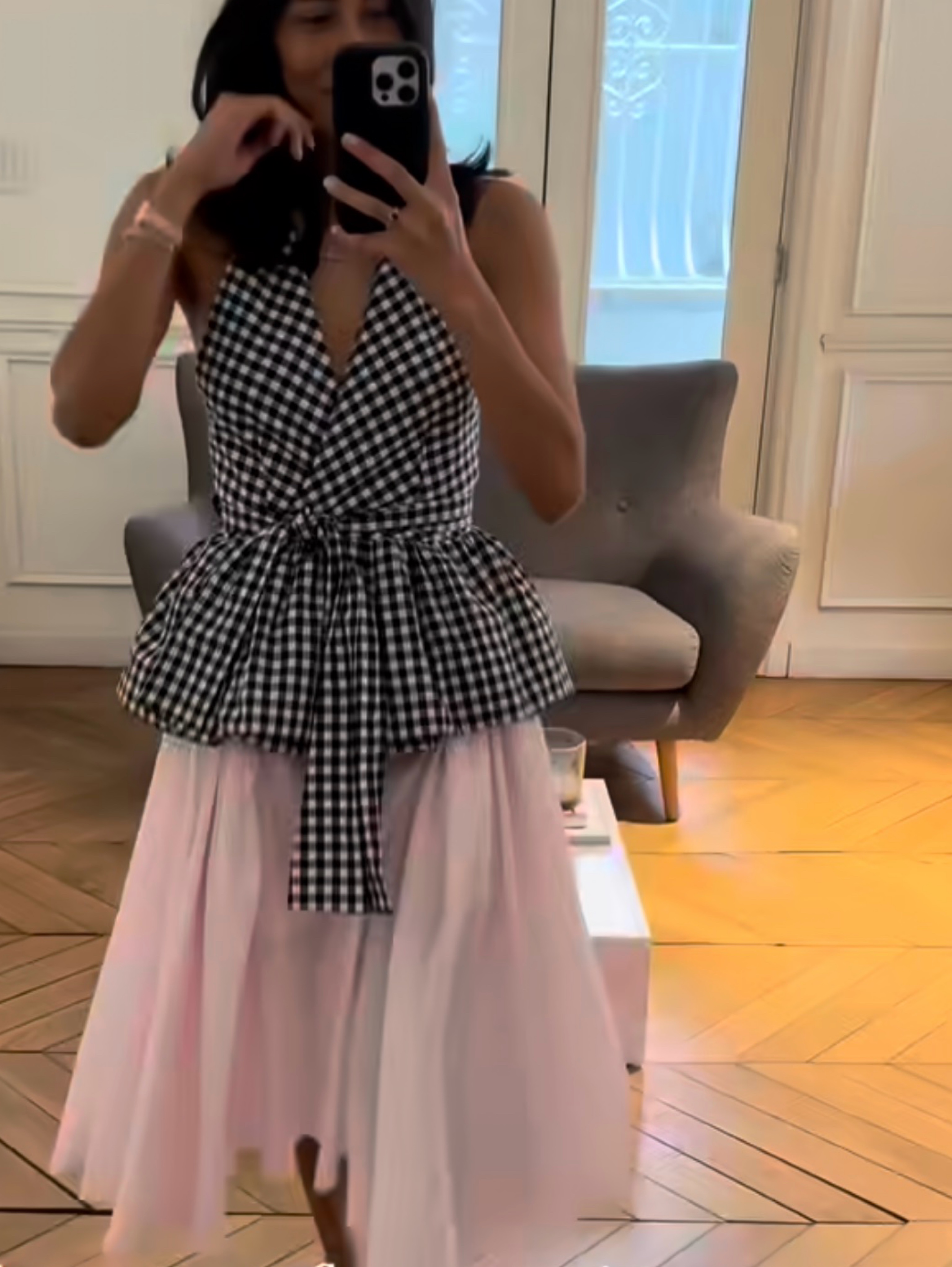 Independent designer Maison 75 plaid peplum halter outfit available to rent