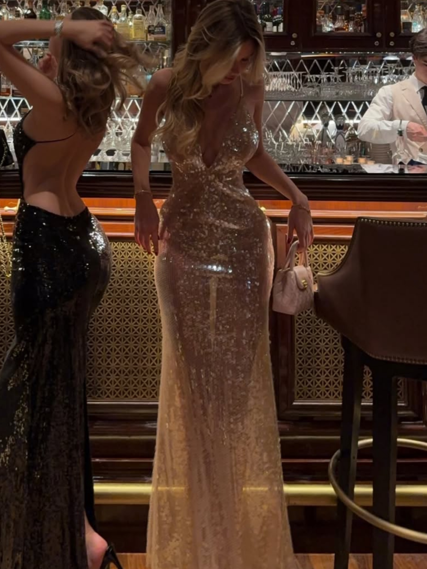Independent designer Nude sequin maxi dress available to rent