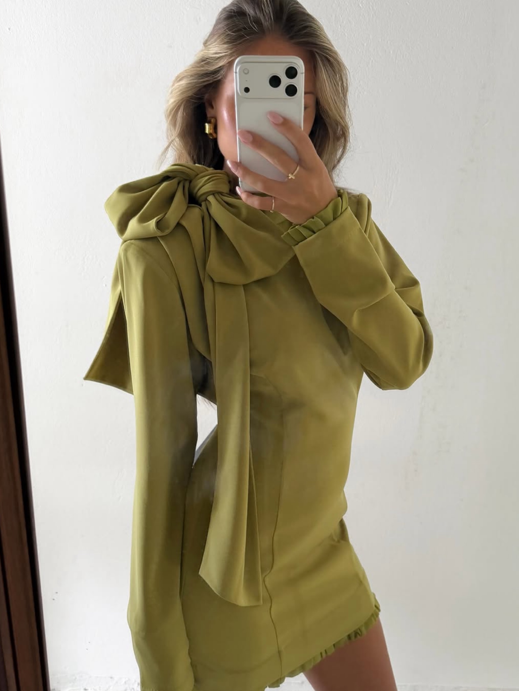 Independent designer Arakii draped high neck dress green available to rent