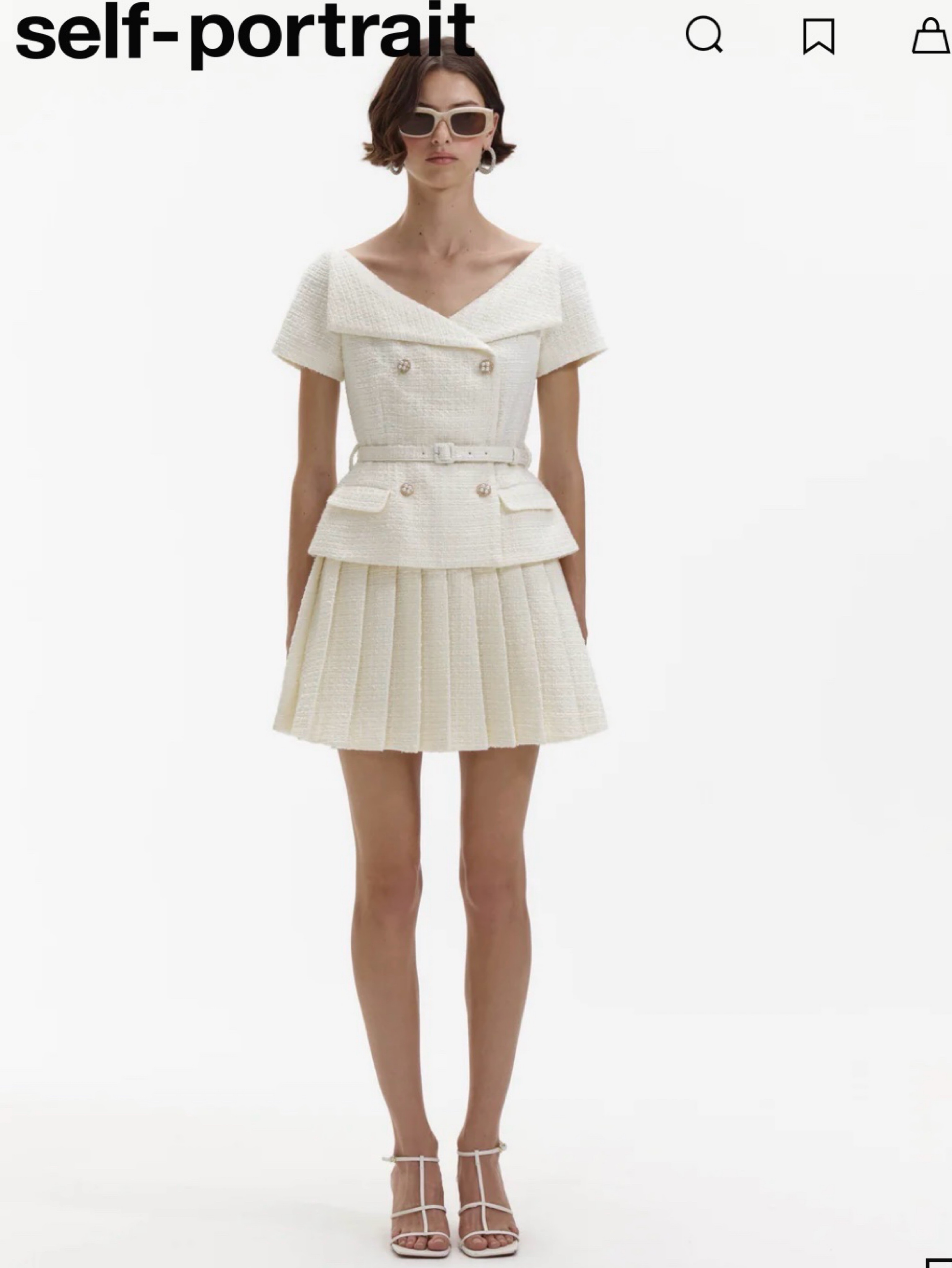 Self Portrait Cream Bucle Pleated Mini Dress