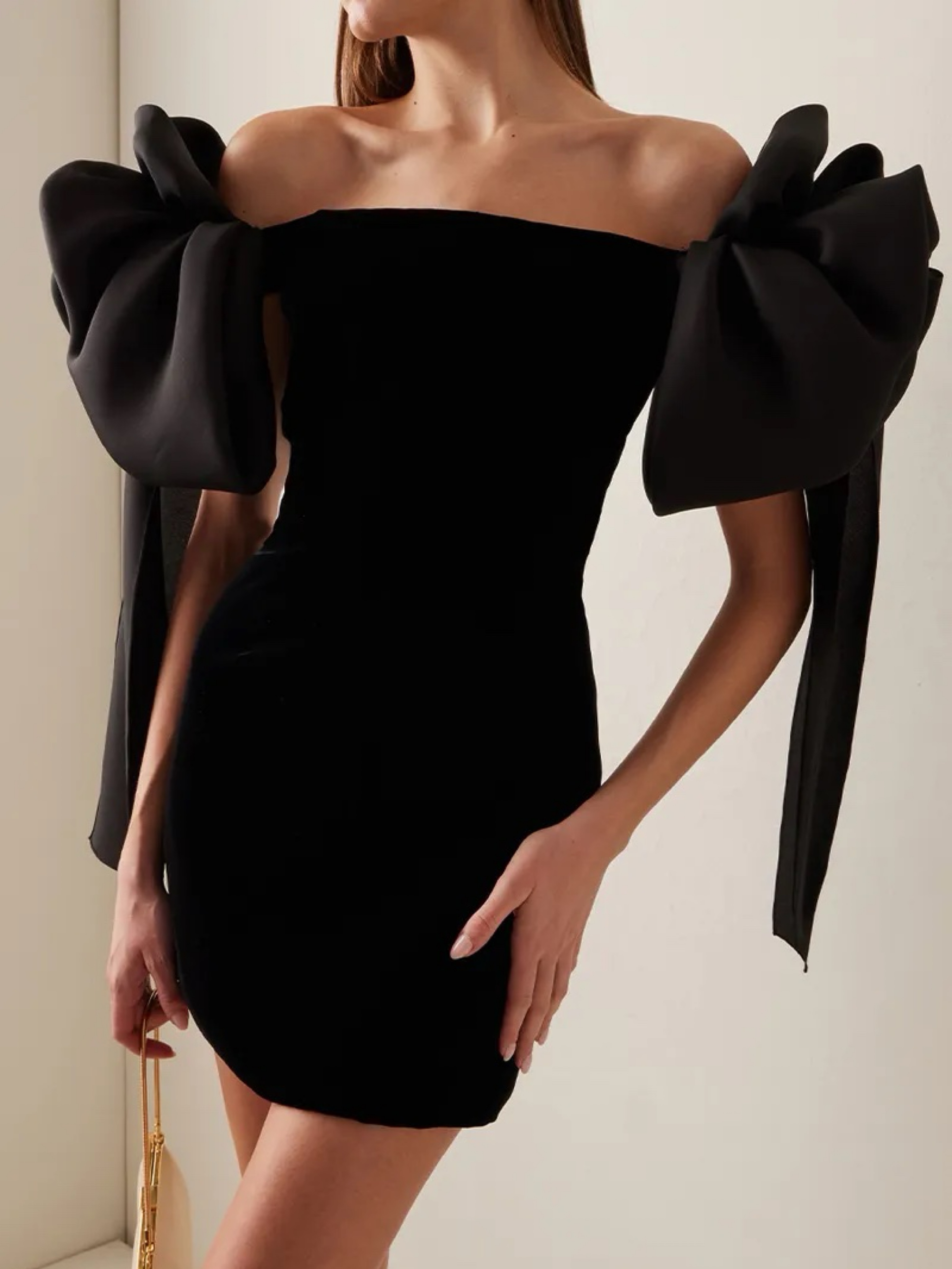 Carolina Herrera Off-Shoulder Velvet Mini Dress with Rosette Bows Black