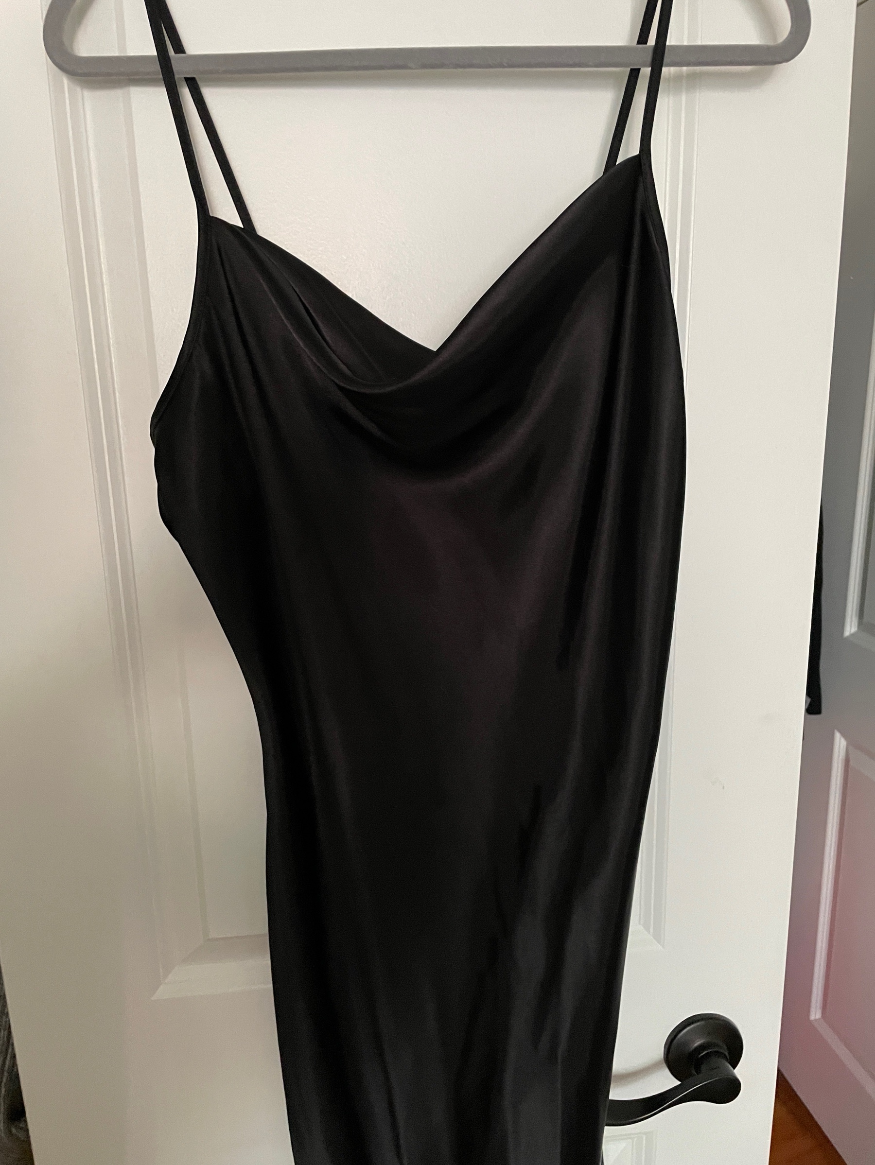 bebe black satin dress Cowl Slip by bebe Wingtip Brogue Oxford - Color:Ivory Blue Fall Bridesmaid Satin slip dress An effortlessly chic midi