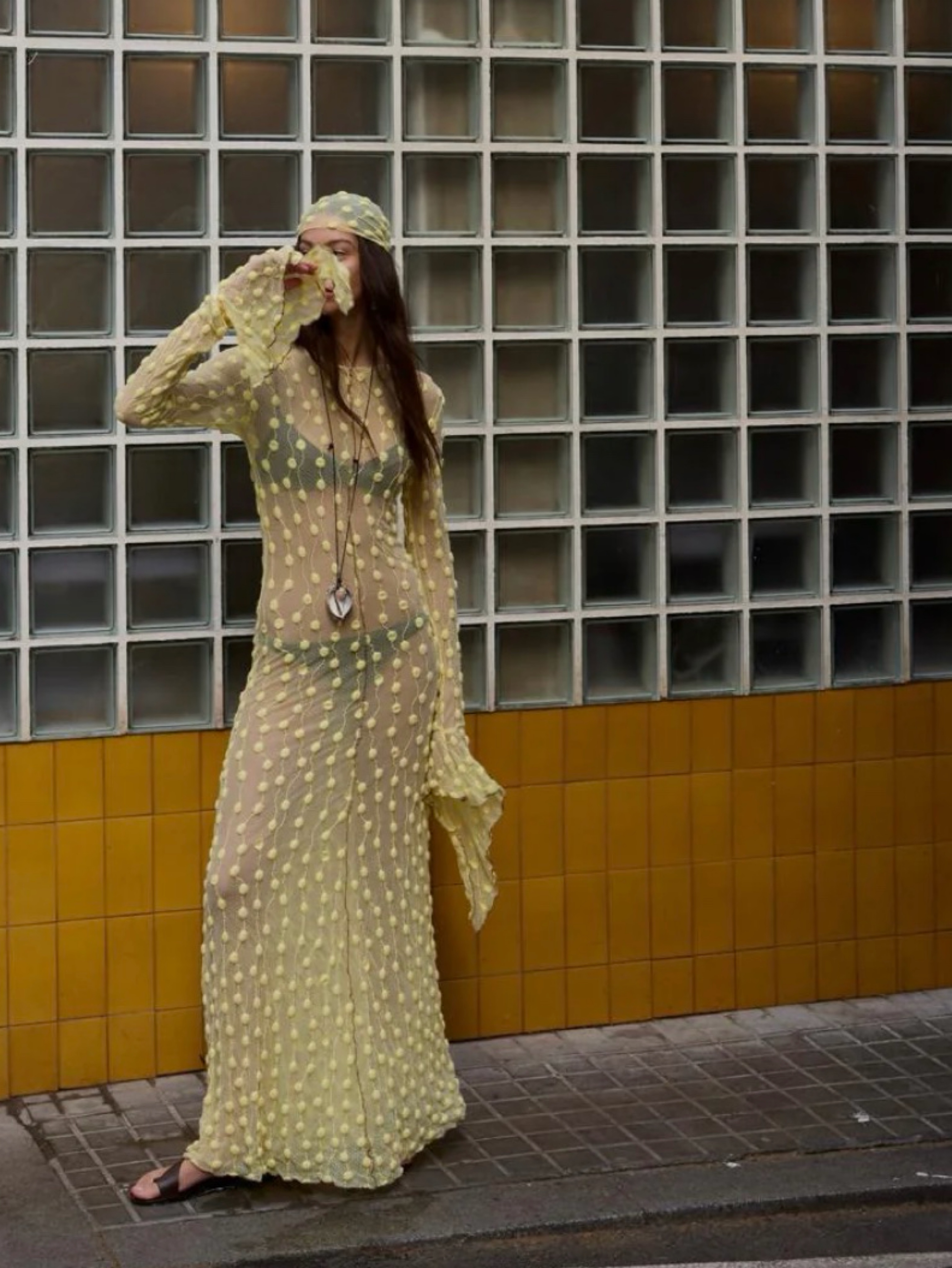 Yellow Textured Dot Maxi Dress