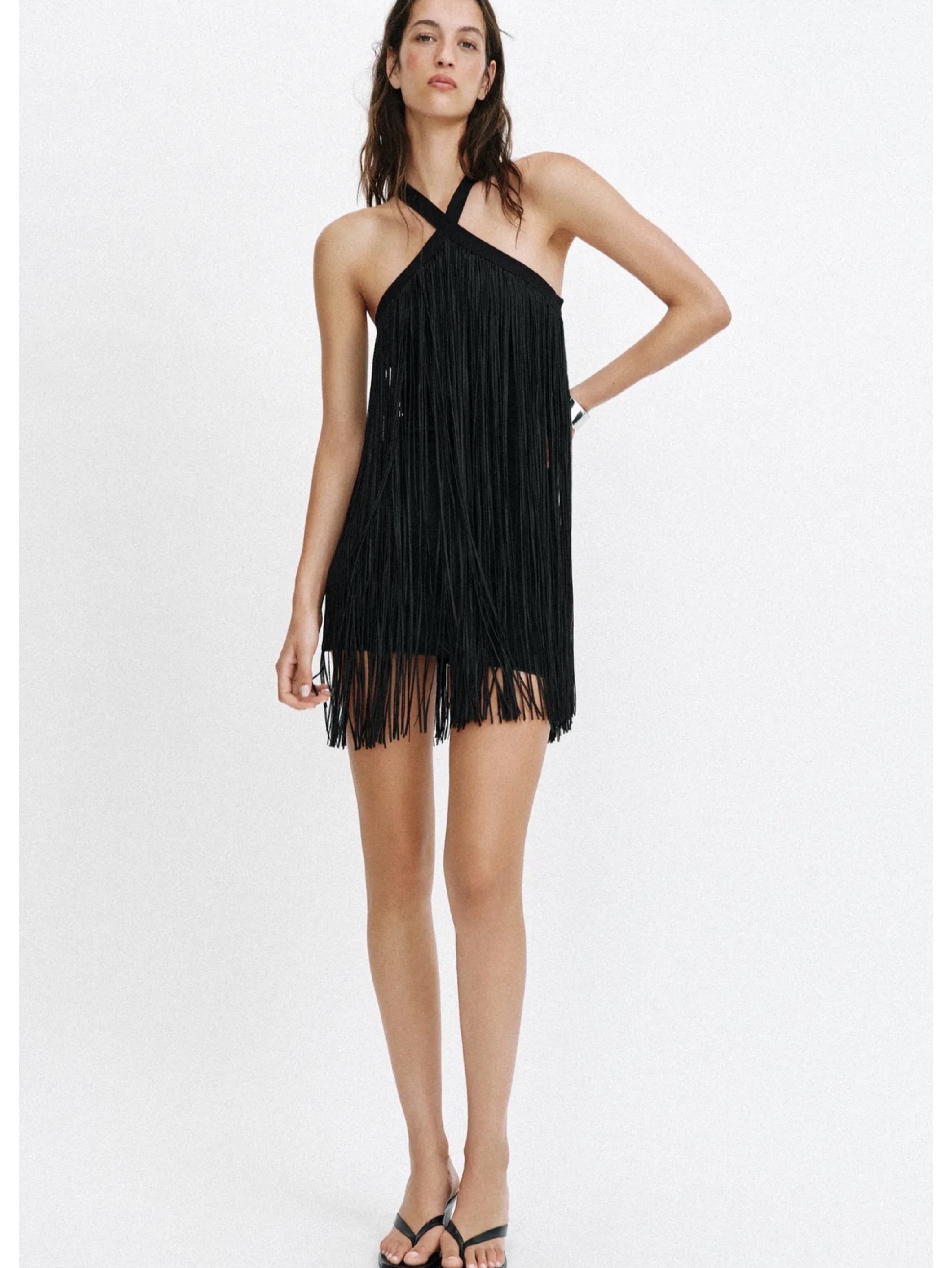 Black Fringe Halter Mini Dress