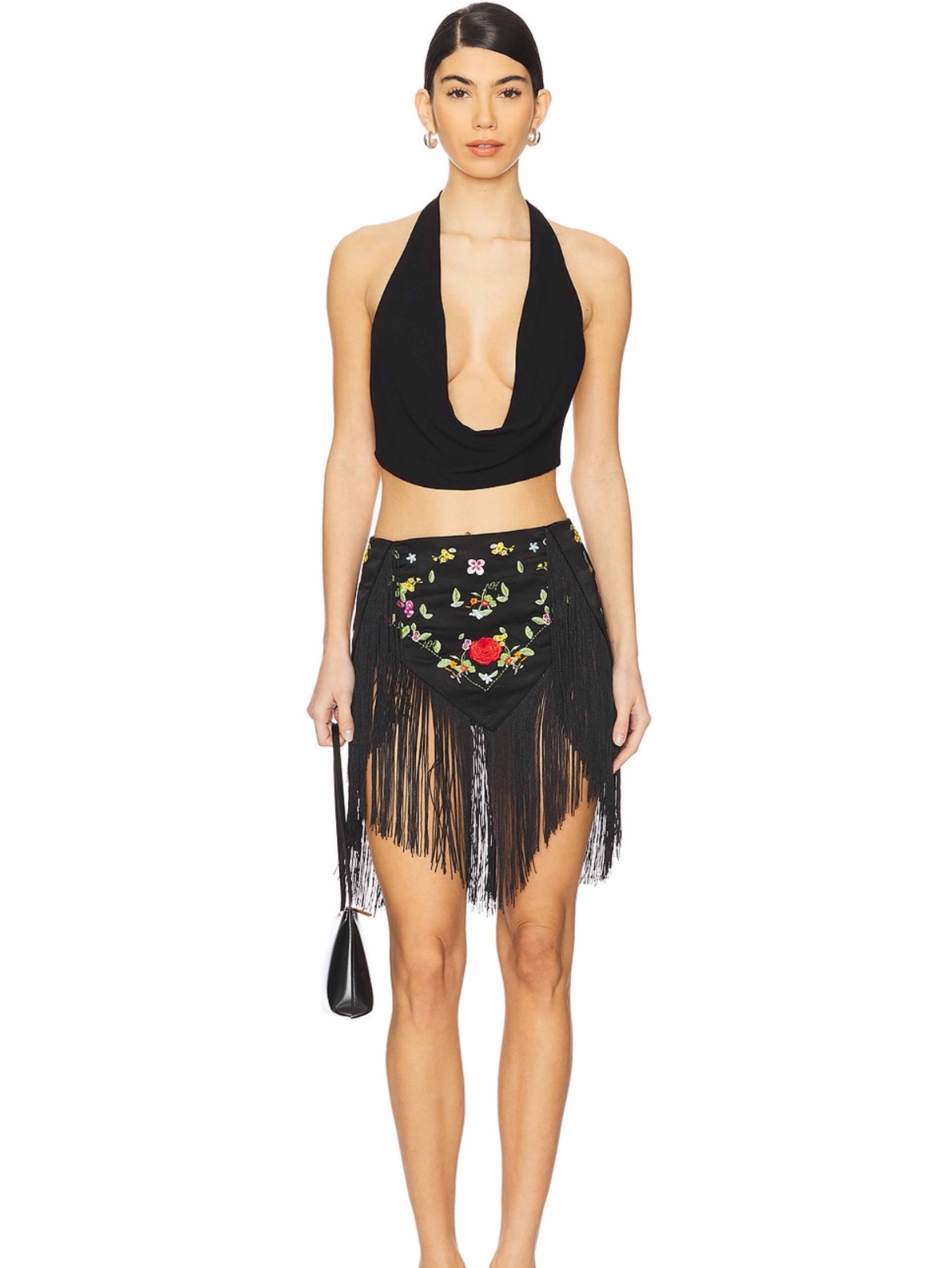 Black Floral Embroidered Fringe Skirt