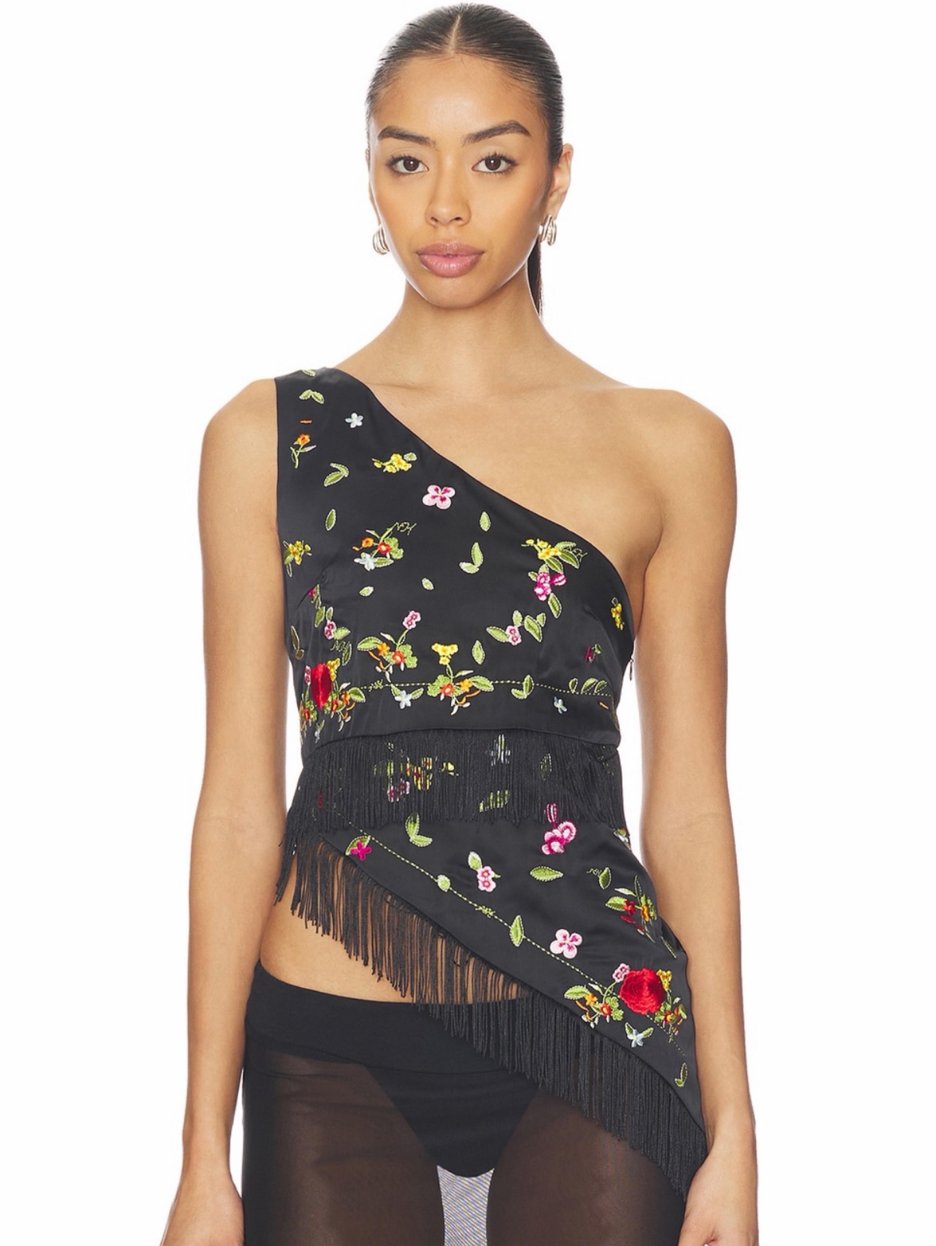 Black Floral Embroidered Fringe Crop Top and skirt set