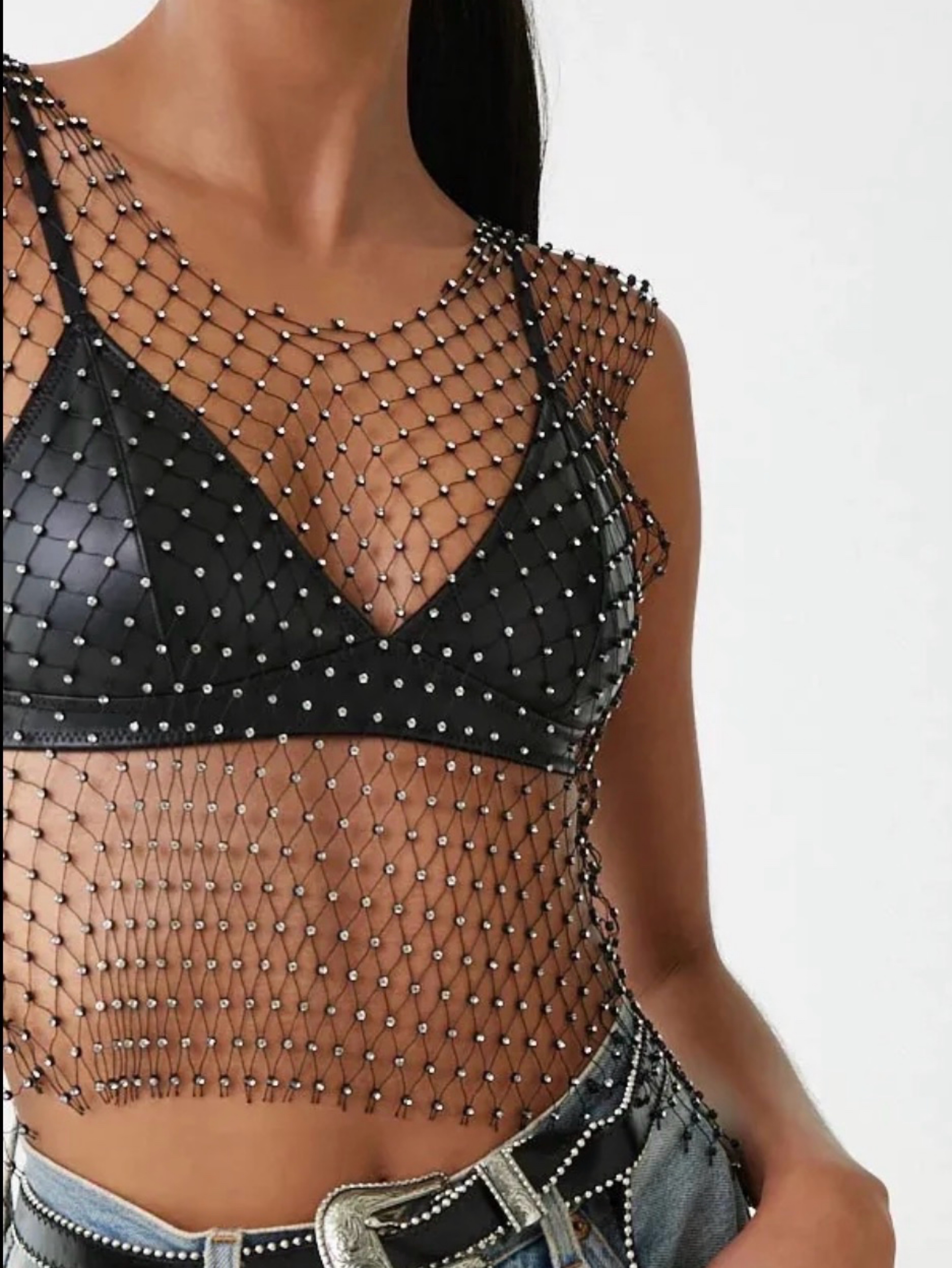 Black Crystal Mesh Crop Top