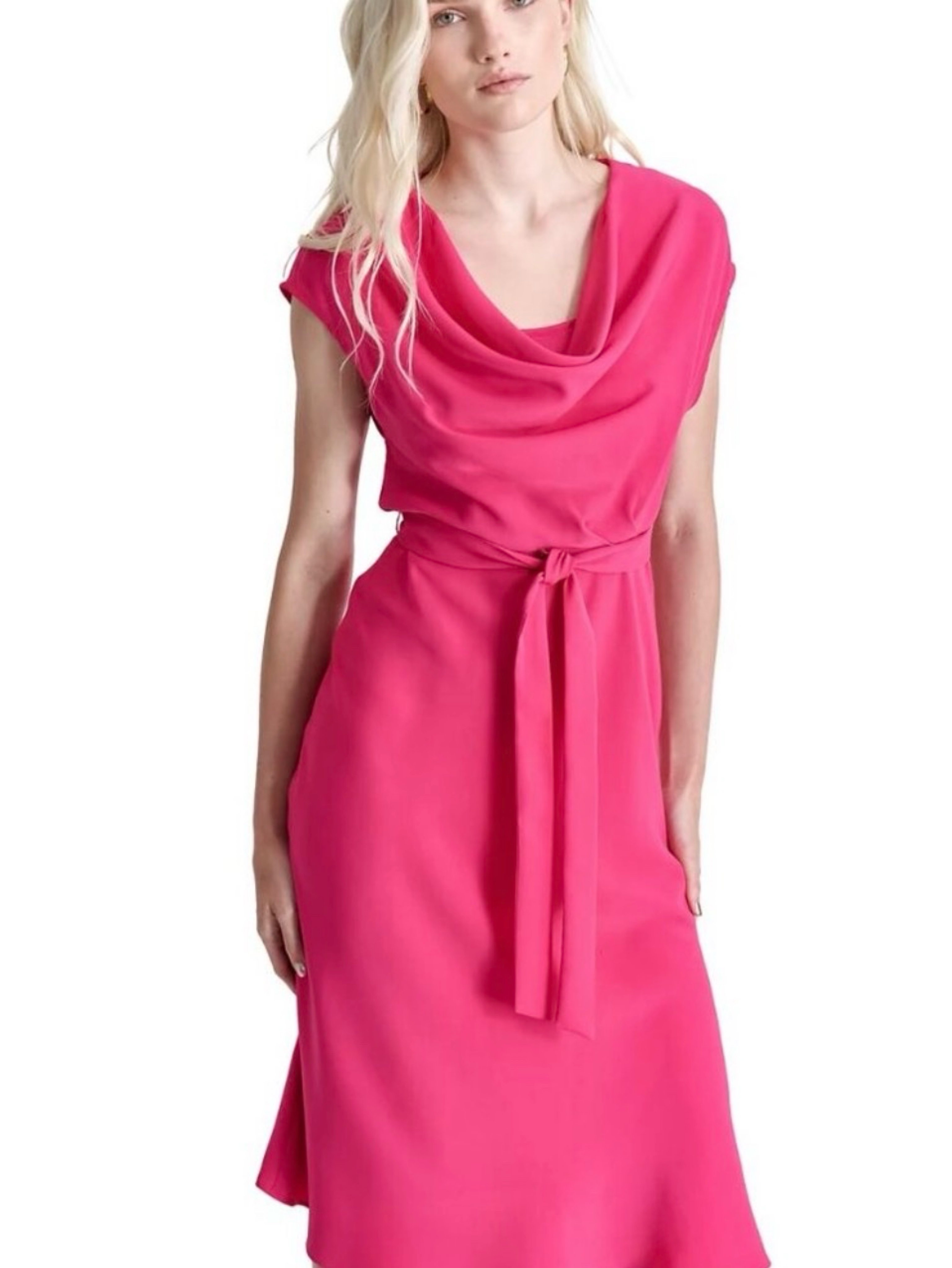 DKNY Midi Cowl Neck Cap Sleeve Dress in Hot Pink