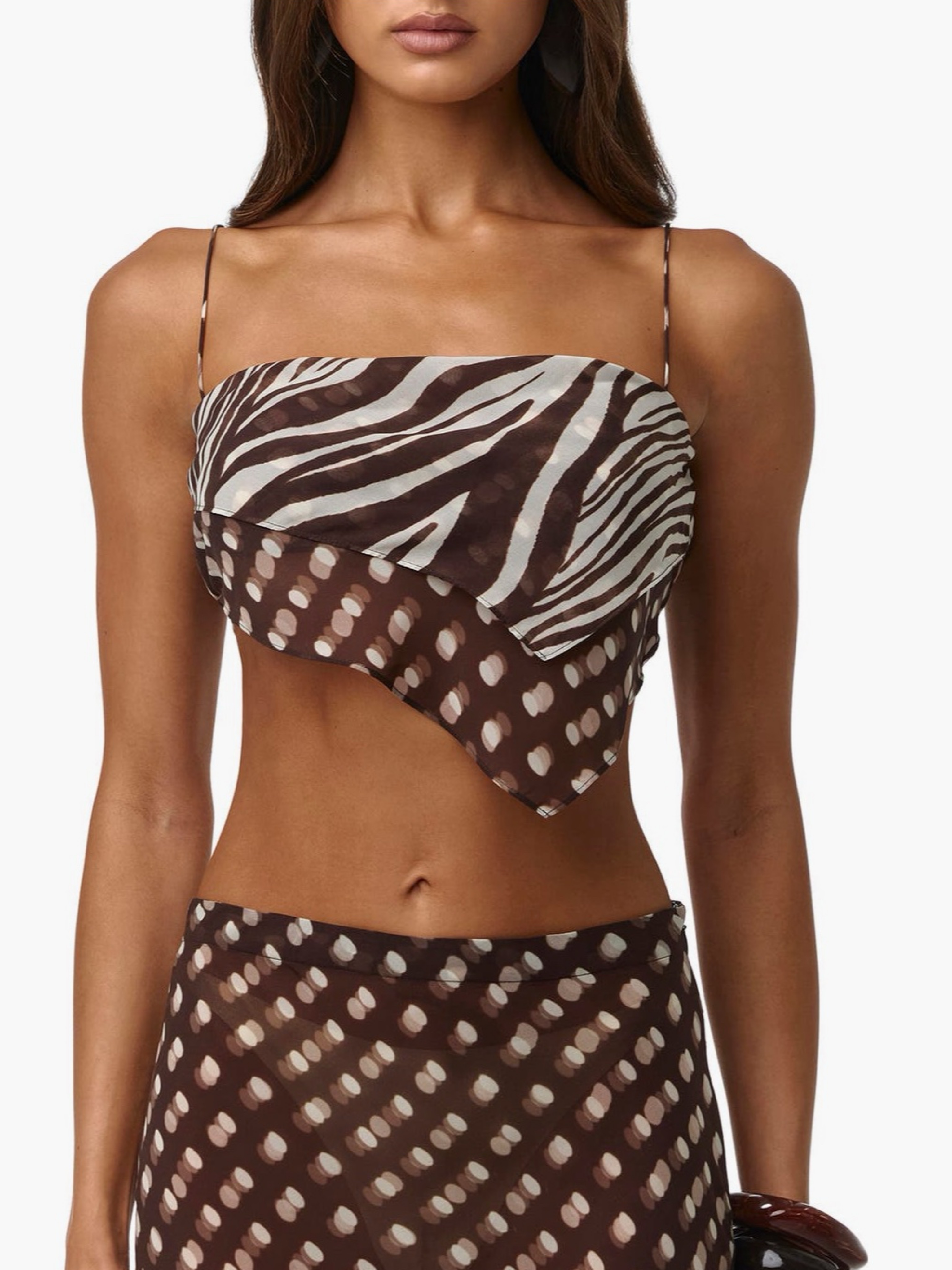 Naked Wardrobe Mixed Print Chiffon Asymmetric Scarf Crop top