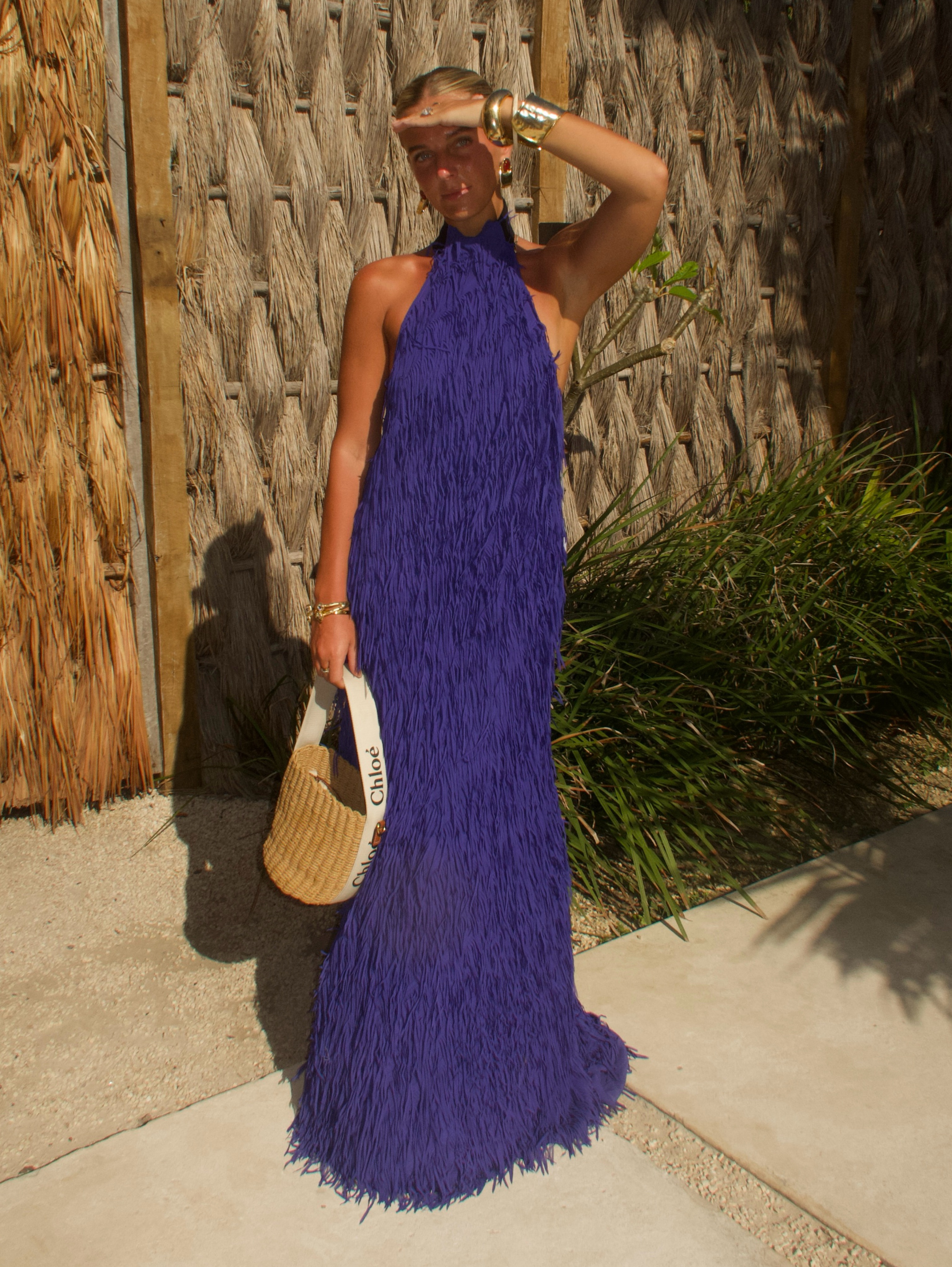 Blue Halter Fringe Gown