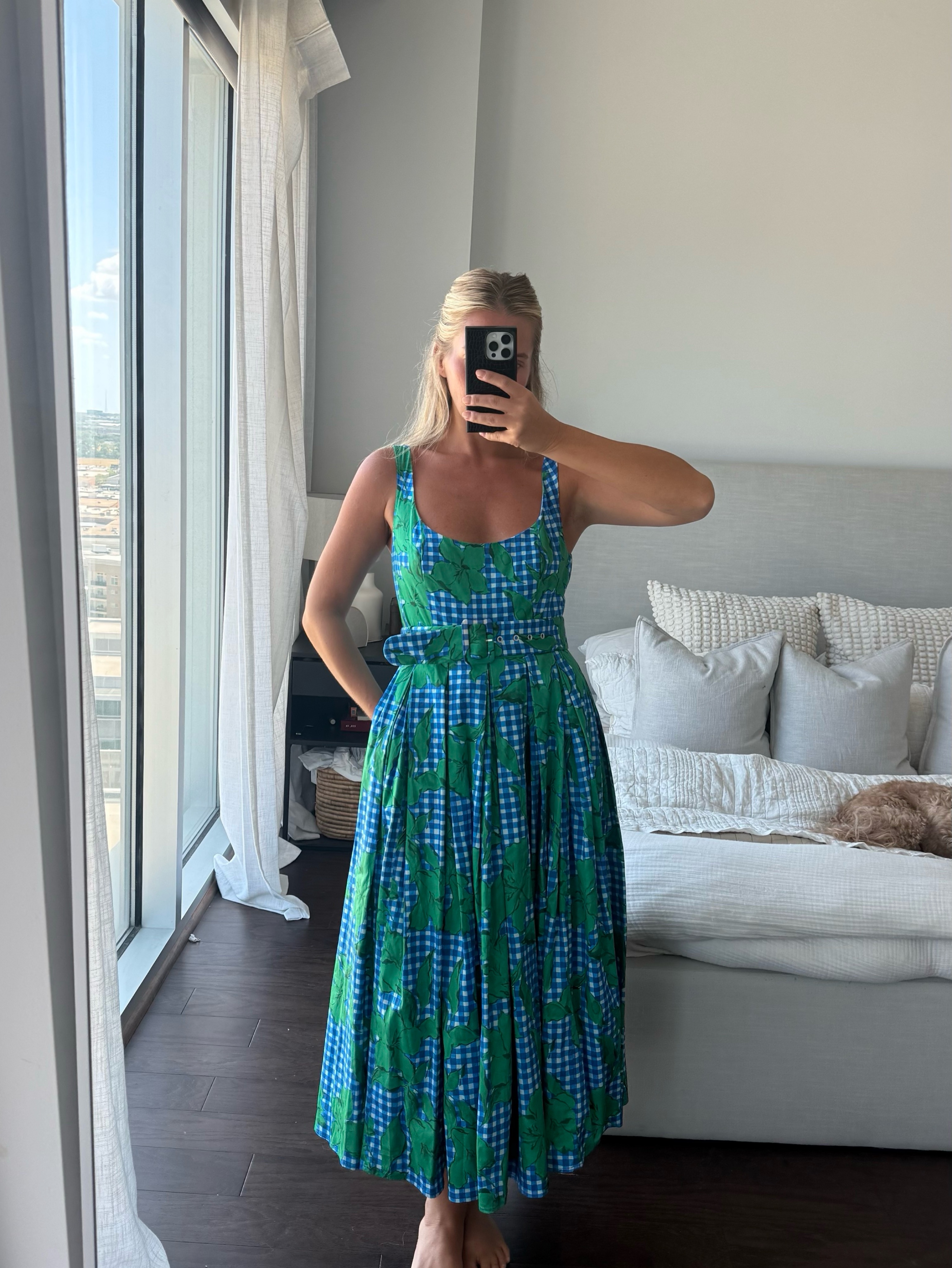 Hutch Blue Green Gingham Floral Midi Dress