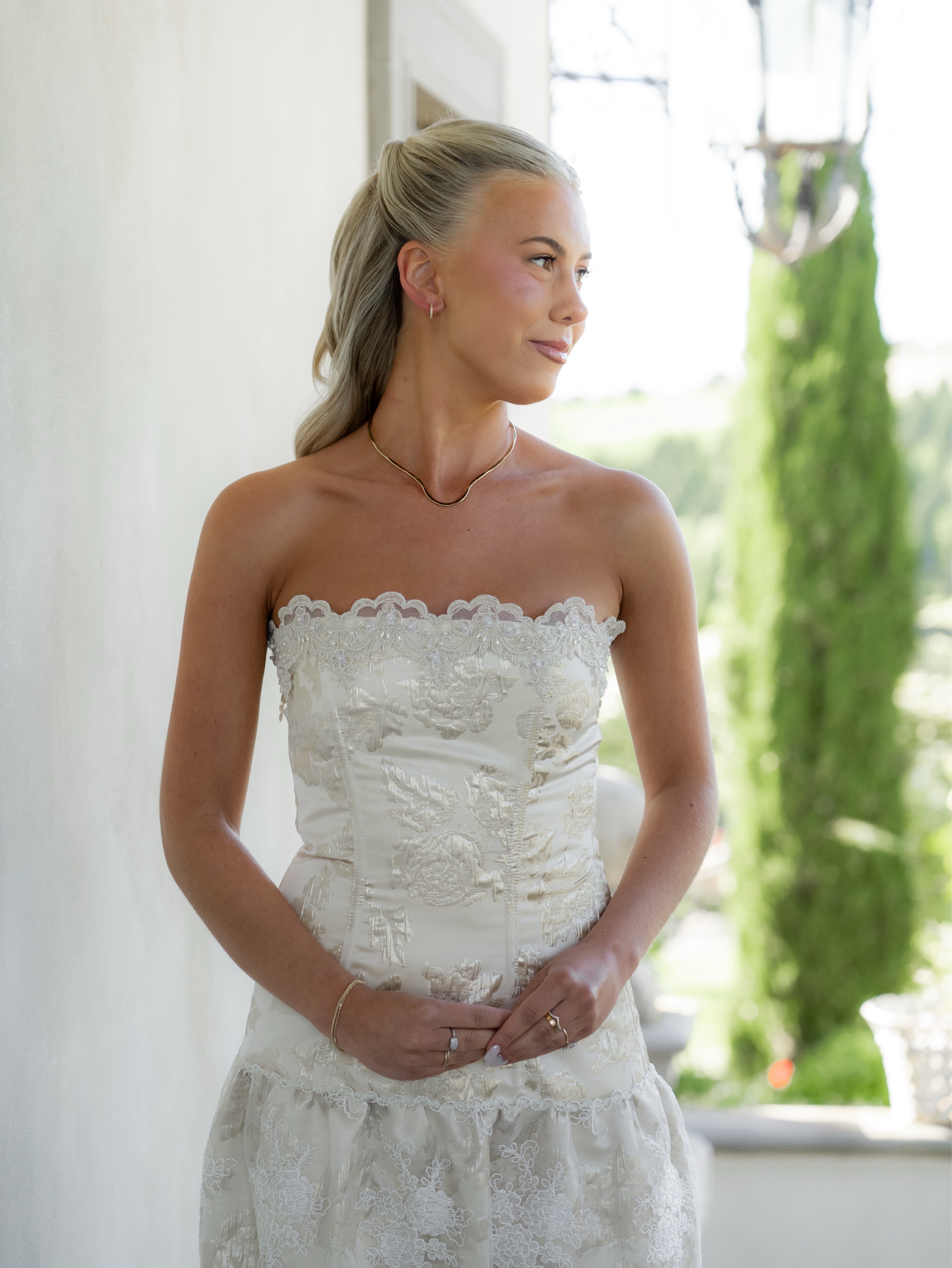 cream lace strapless dress Azazie 2026 Mermaid Sexy Champagne Elegant Wedding Dress Sweep Train Floral Jacquard Sweetheart Pleated