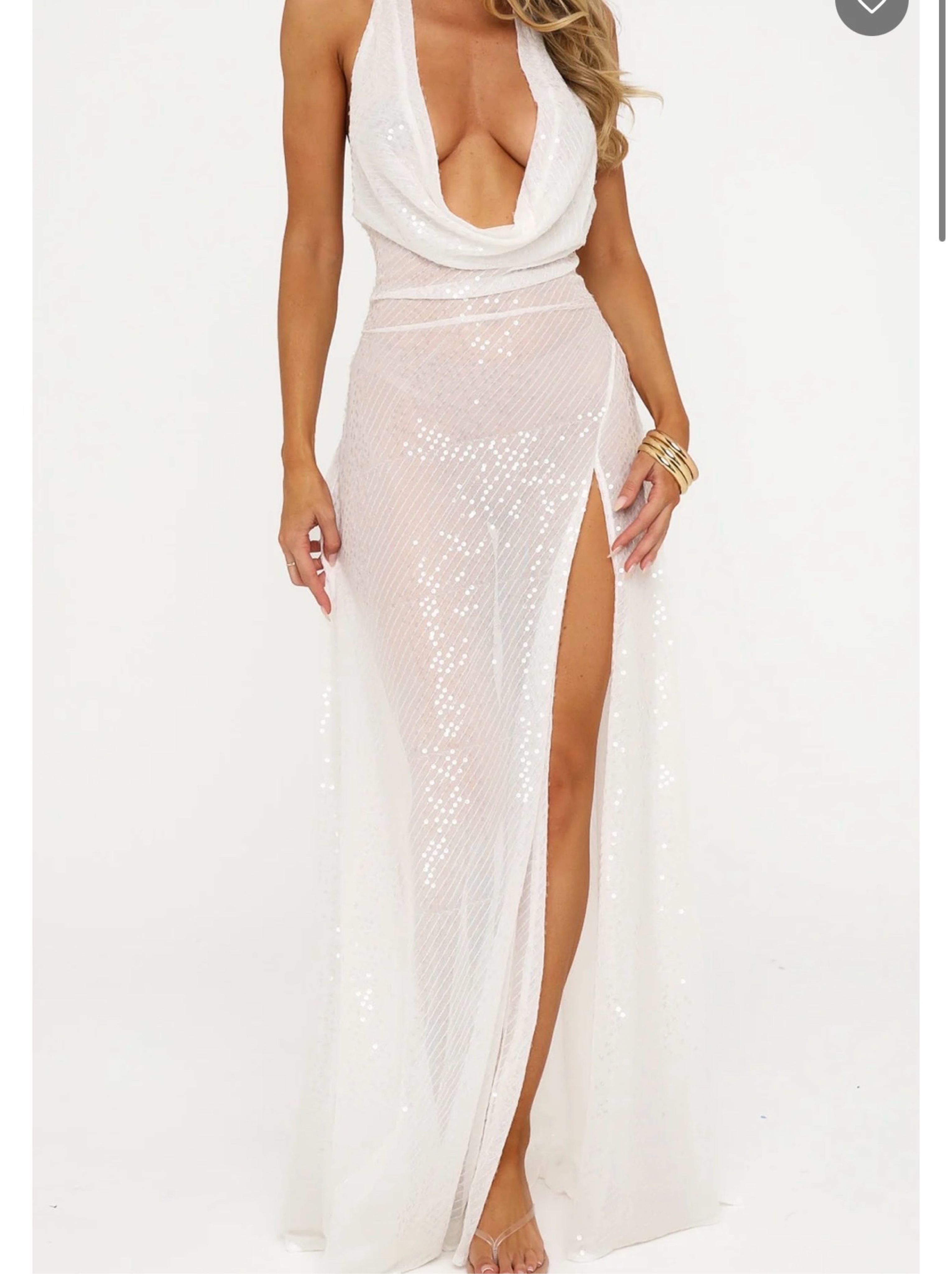 White Fox BoutiqueWhite Sequin Halter Backless Maxi Dress