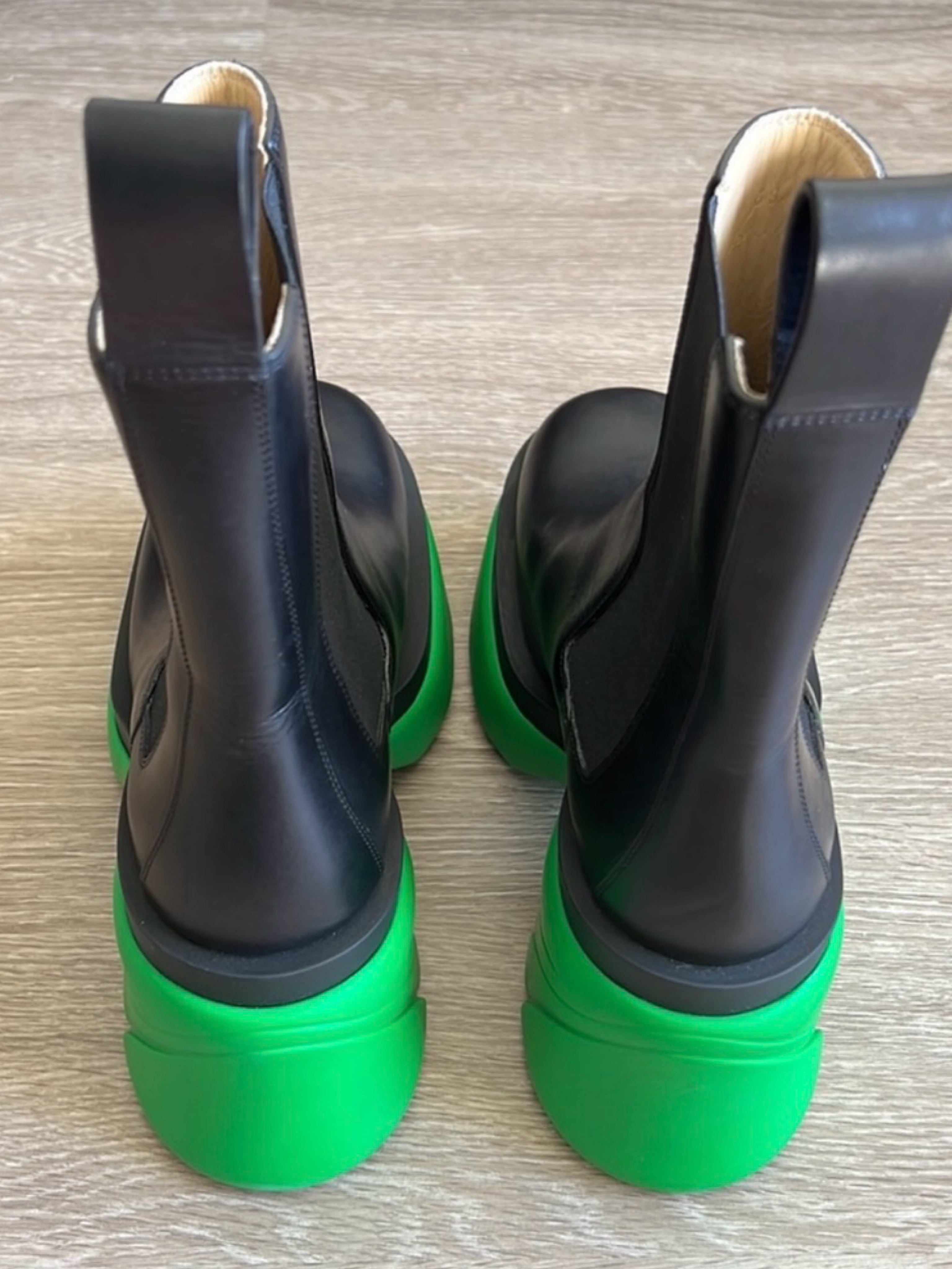 Bottega Veneta Black Leather Green Platform Boots by Bottega