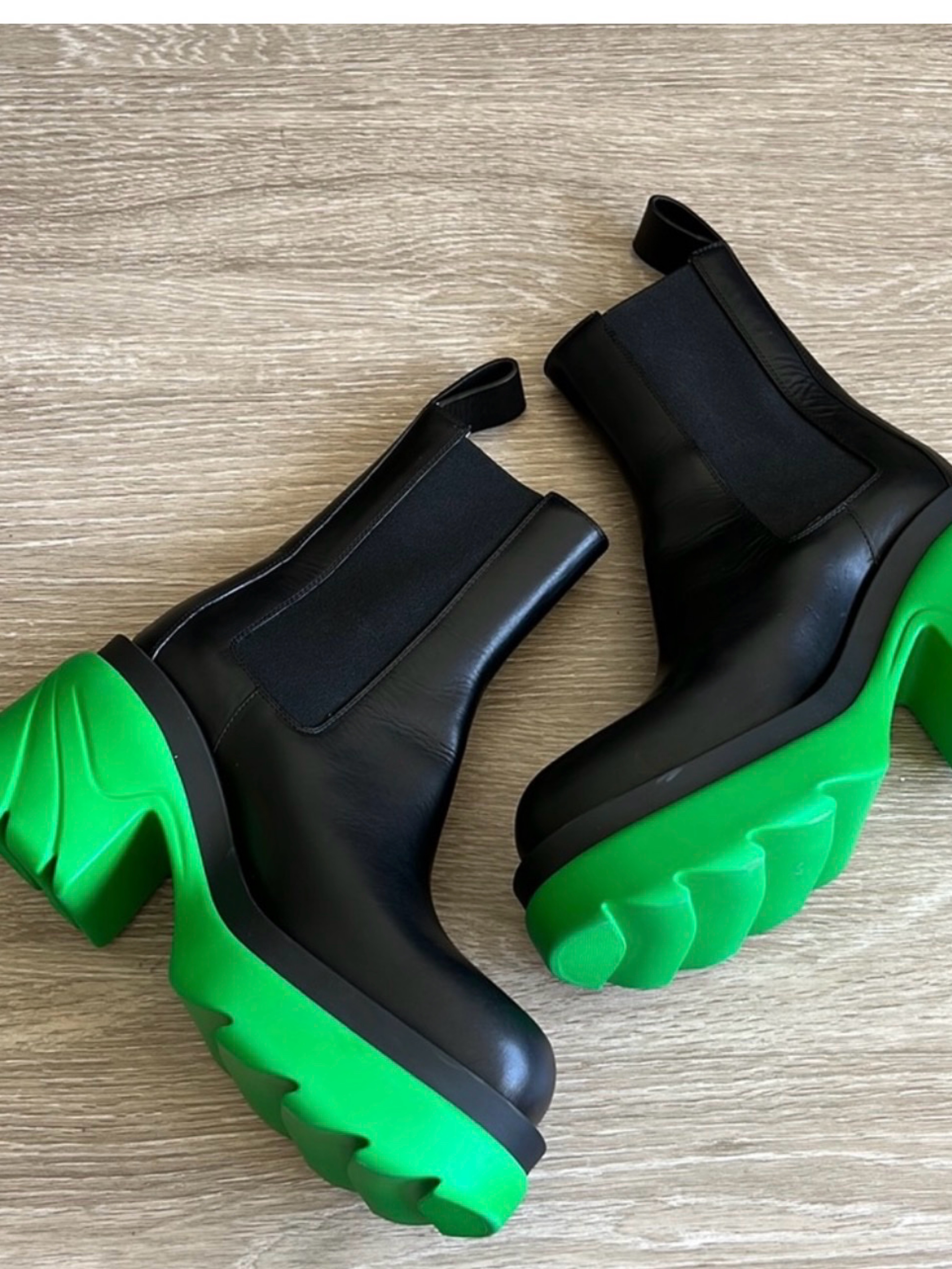 Bottega Veneta Black Leather Green Platform Boots by Bottega