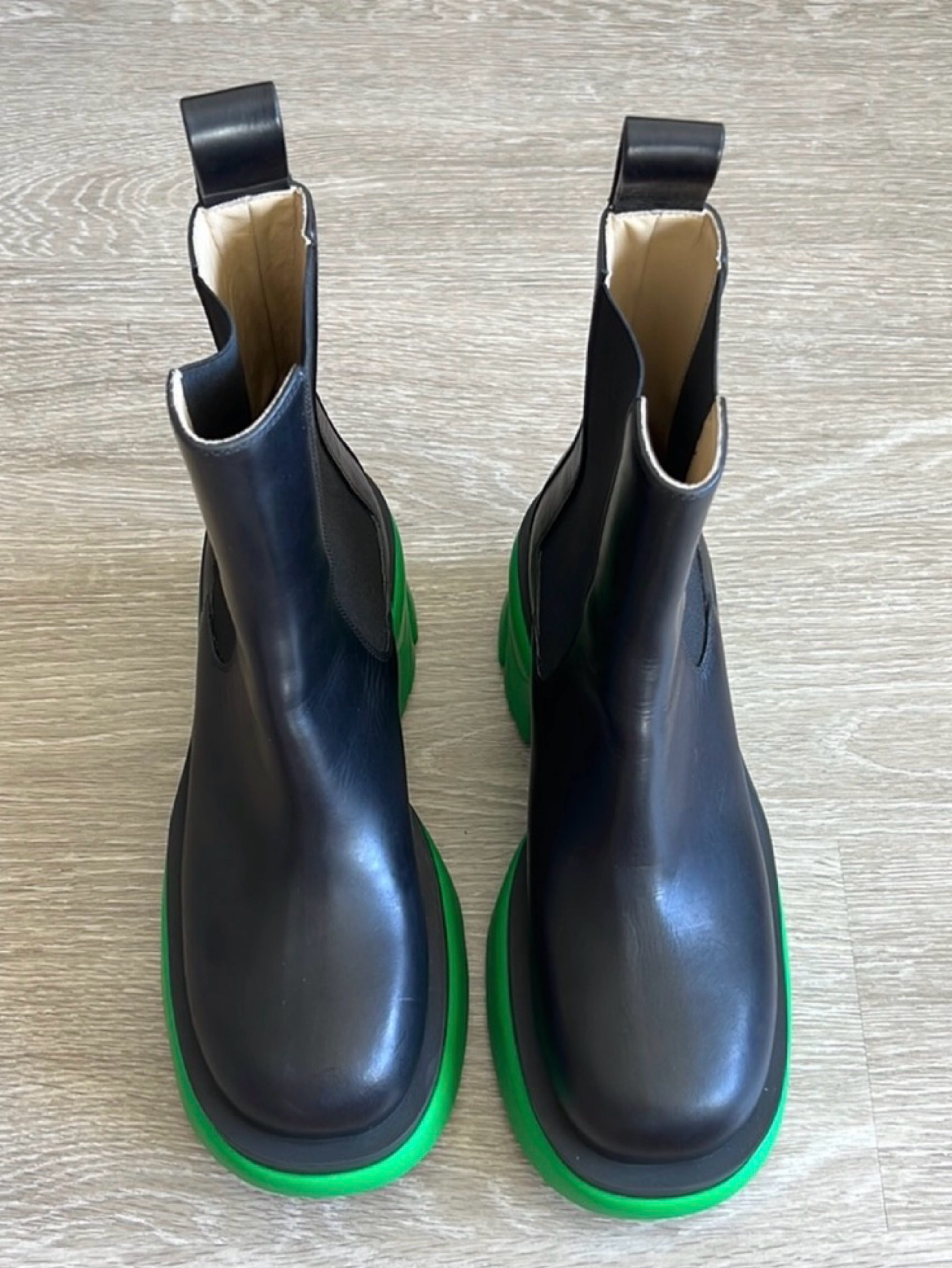 Bottega Veneta Black Leather Green Platform Boots by Bottega