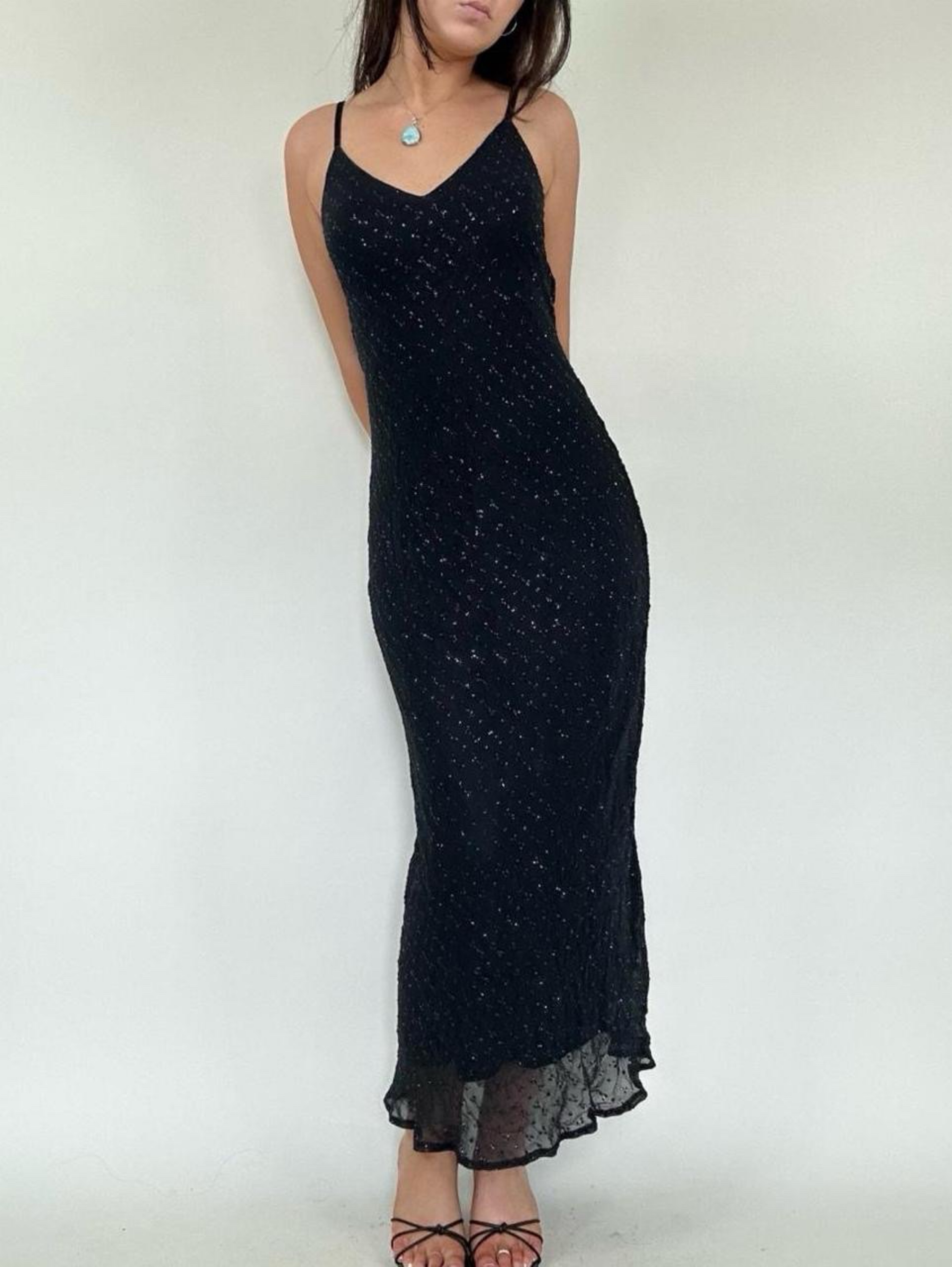 Vintage 90s Euro Black Sequin Maxi Dress