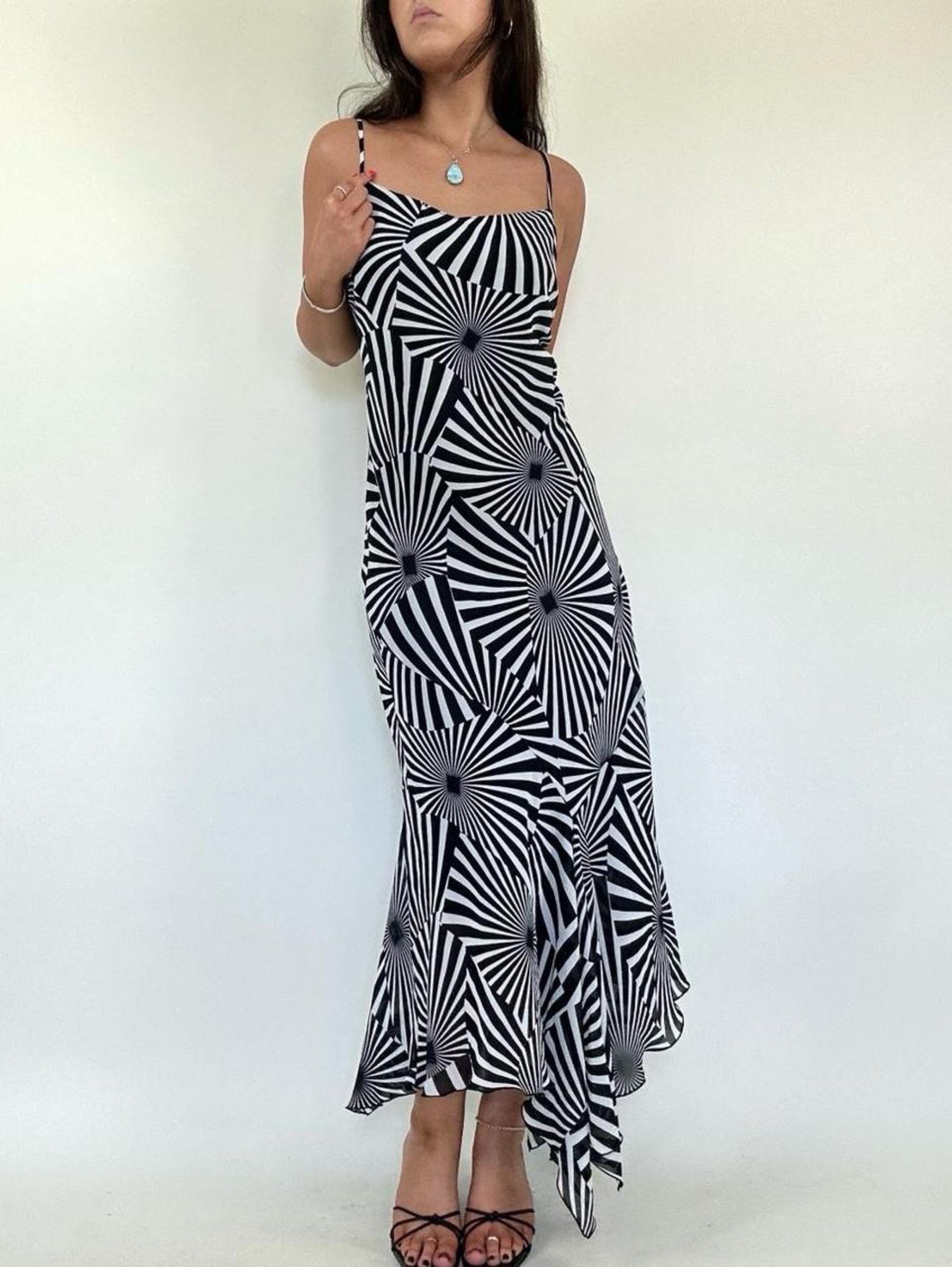 Vintage Euro Black & White Geometric Print Asymmetrical Dress