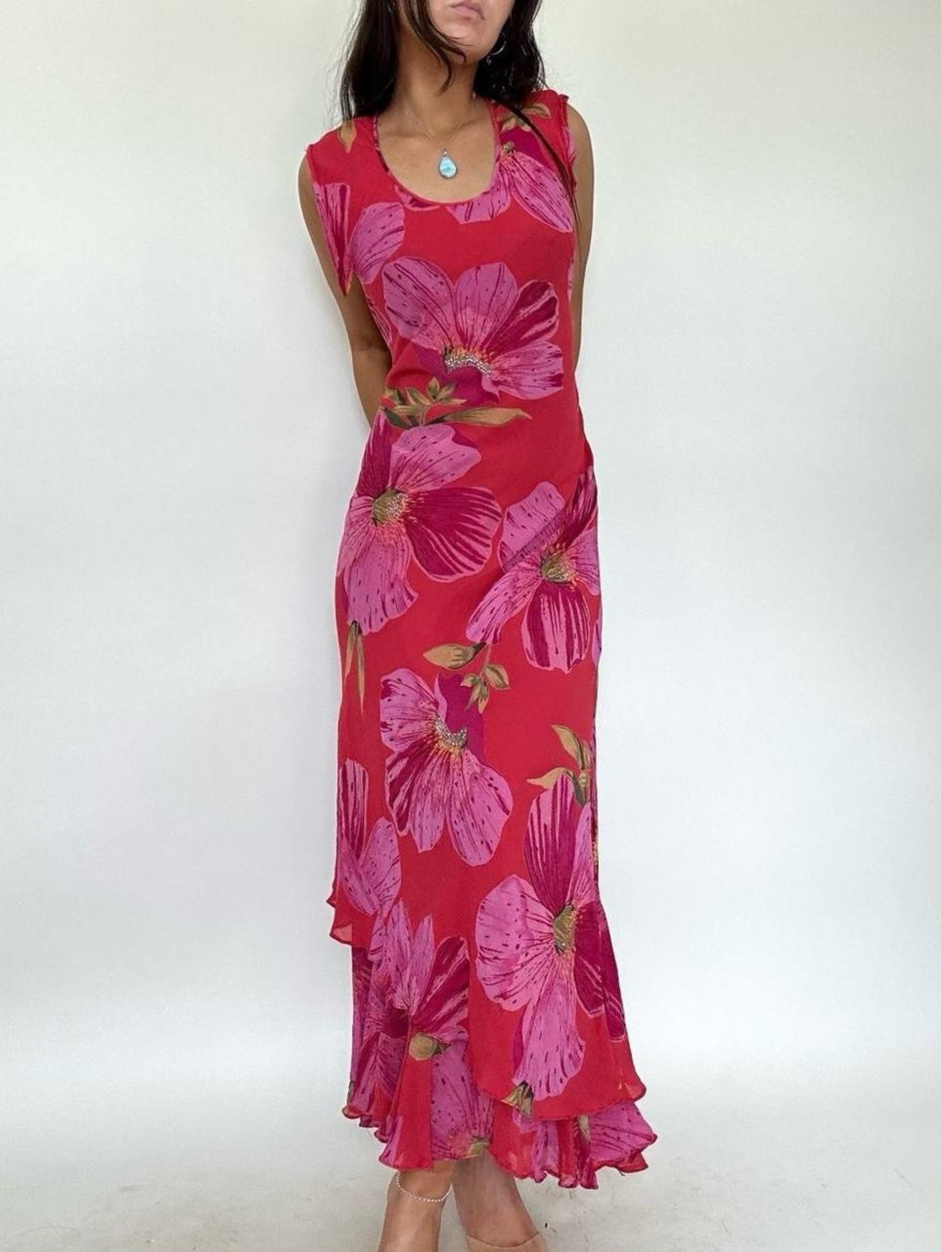 Vintage Pink Floral Ruffle Maxi Dress