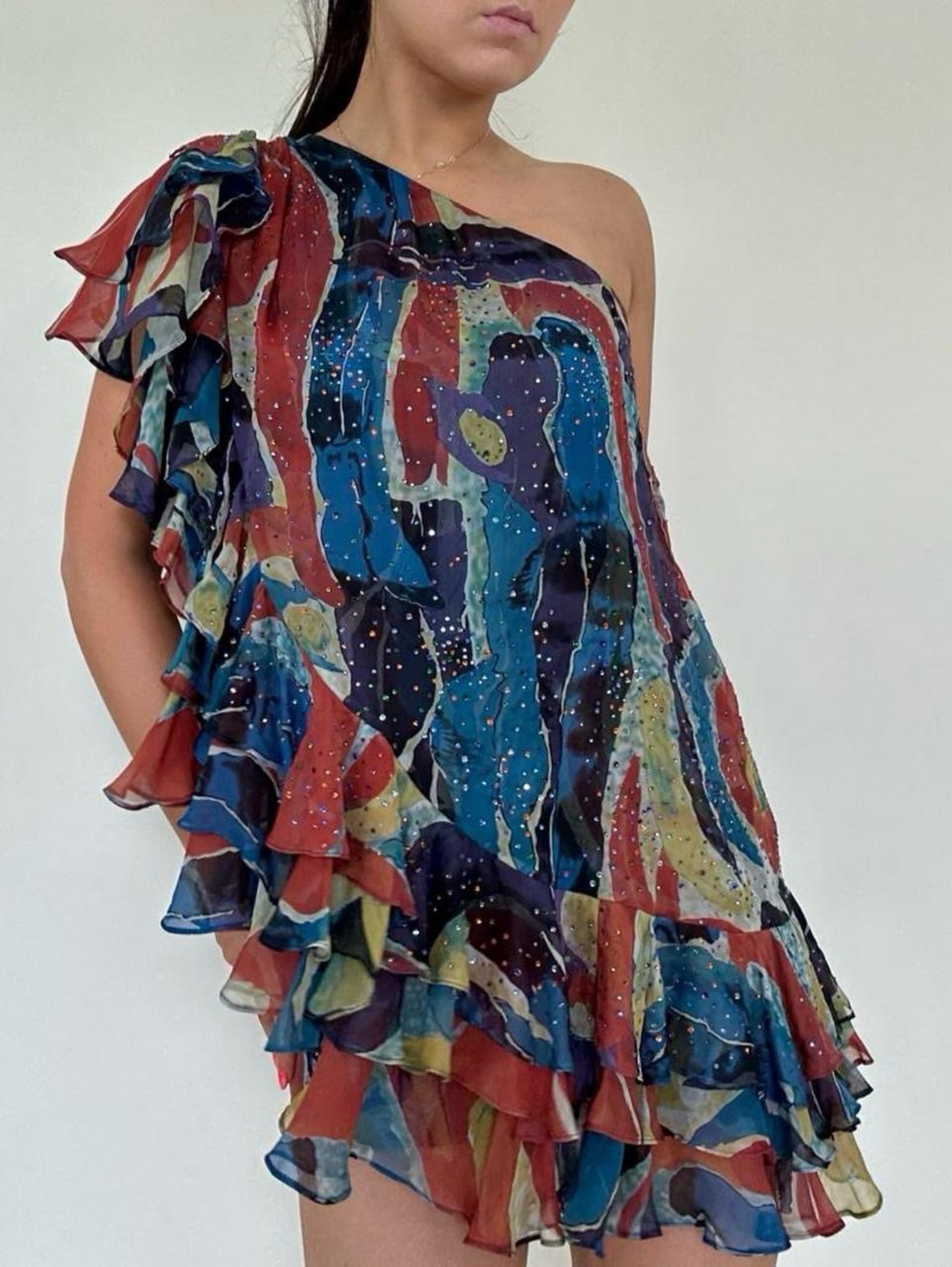 Y2k Silk One Shoulder Beaded Ruffle Mini Dress