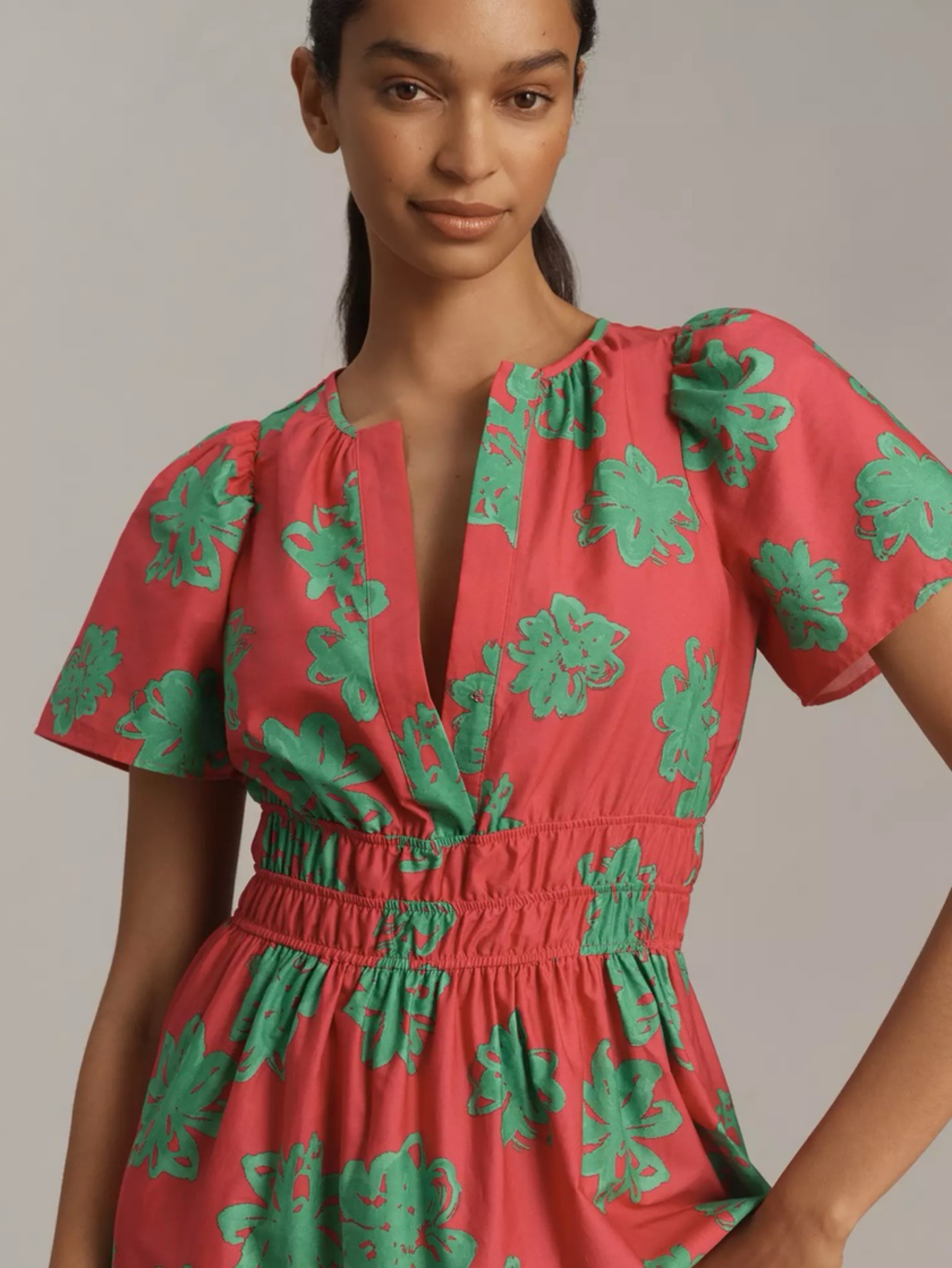 Hot Pink Green Floral Print Midi Dress
