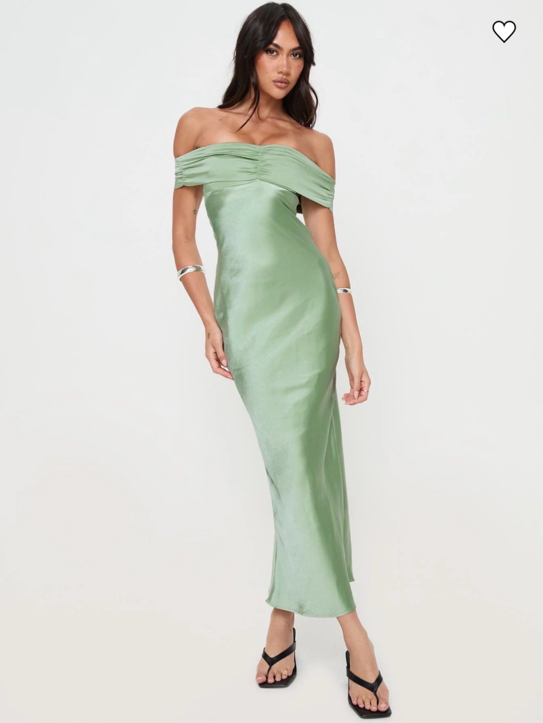 Sage Green Satin Off-Shoulder Midi Dress by Princess Polly