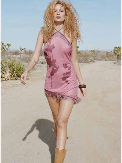 Clooney Fringe Mini Dress In Tonal Flower Mauve by Motel Rocks