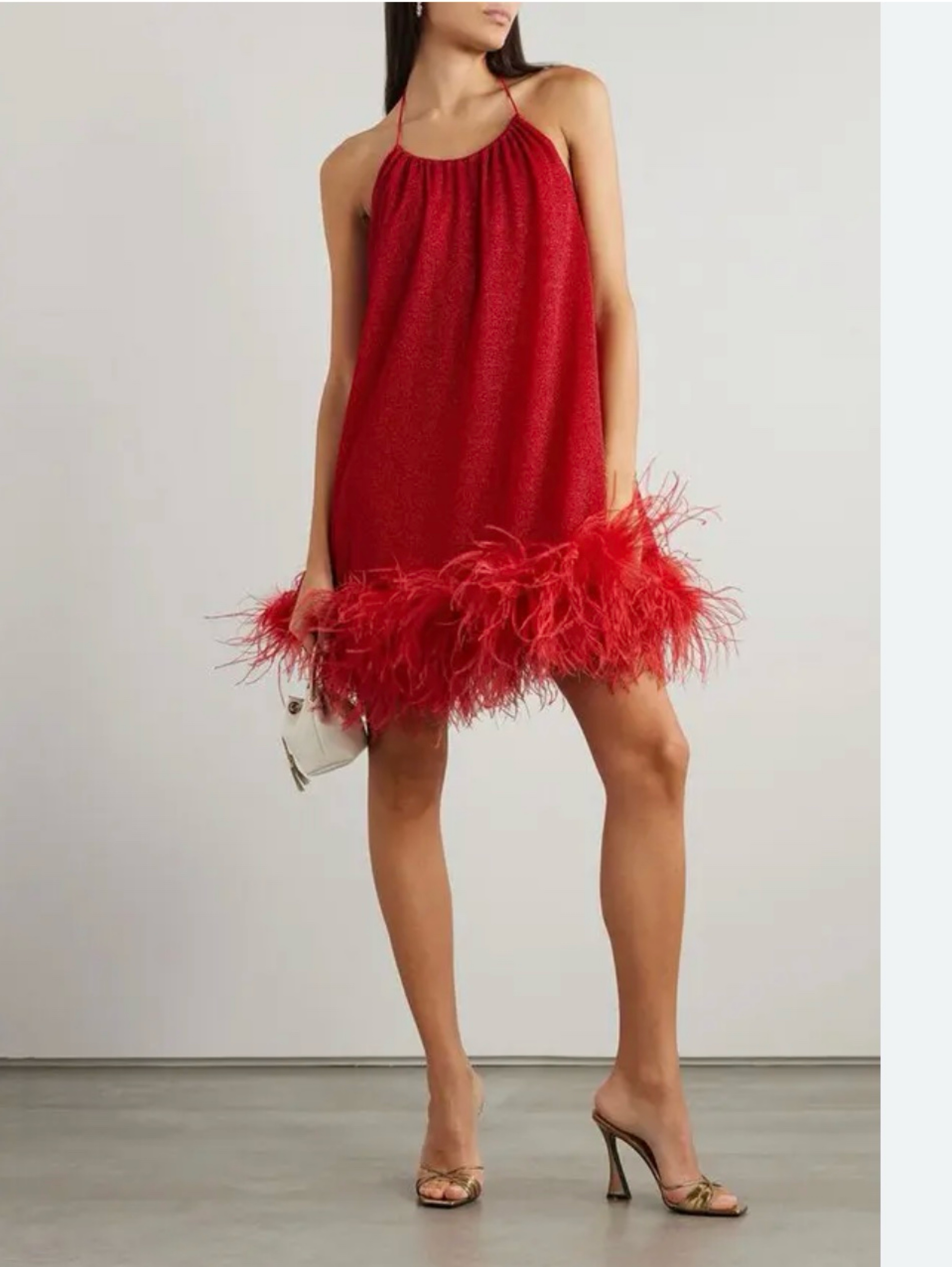 Oseree Red Feather Sparkly Halter Mini Dress