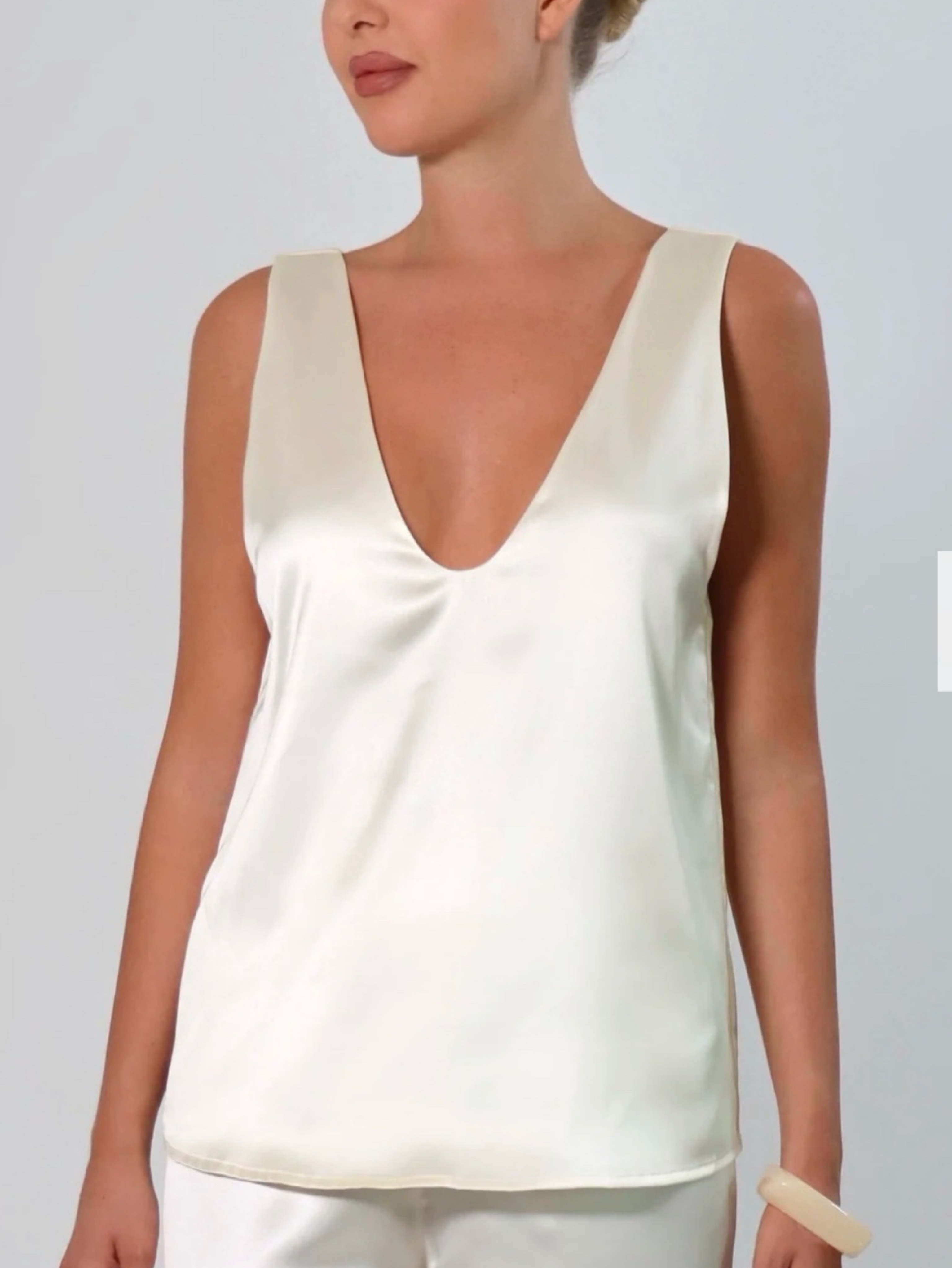Cream Satin V-Neck Tank Top