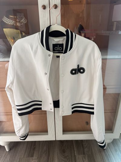 Alo Yoga Cropped G.O.A.T. Varsity Jacket White Black XS by Alo