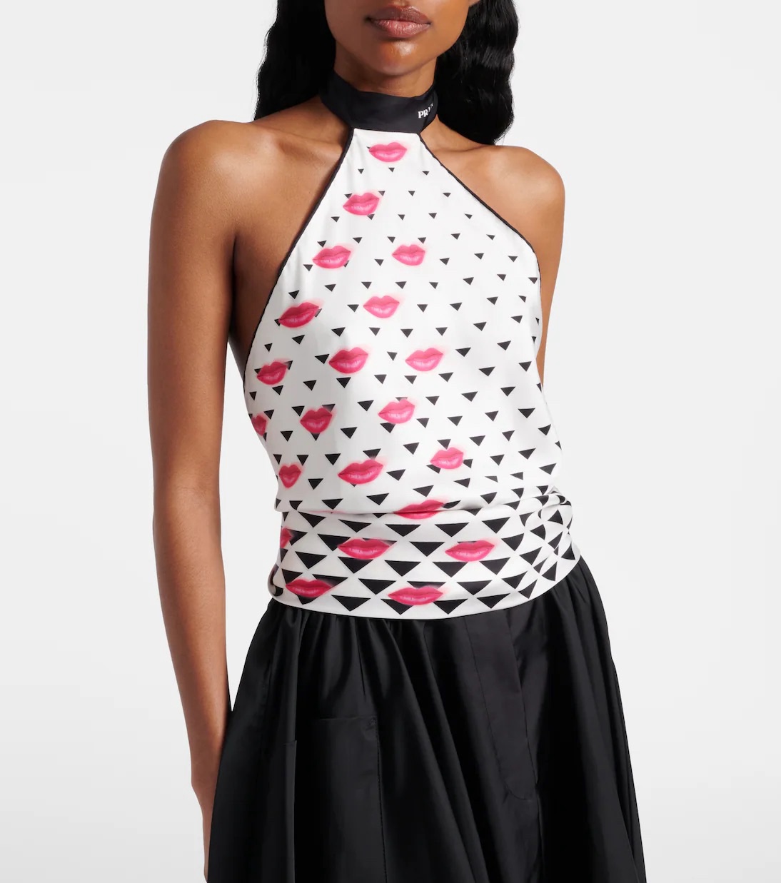 トップス ARCHIVE PRADA LIPS STUDDED SILK TOPS Prada Lips-Print Silk Twill Halter Top by Prada - Pickle
