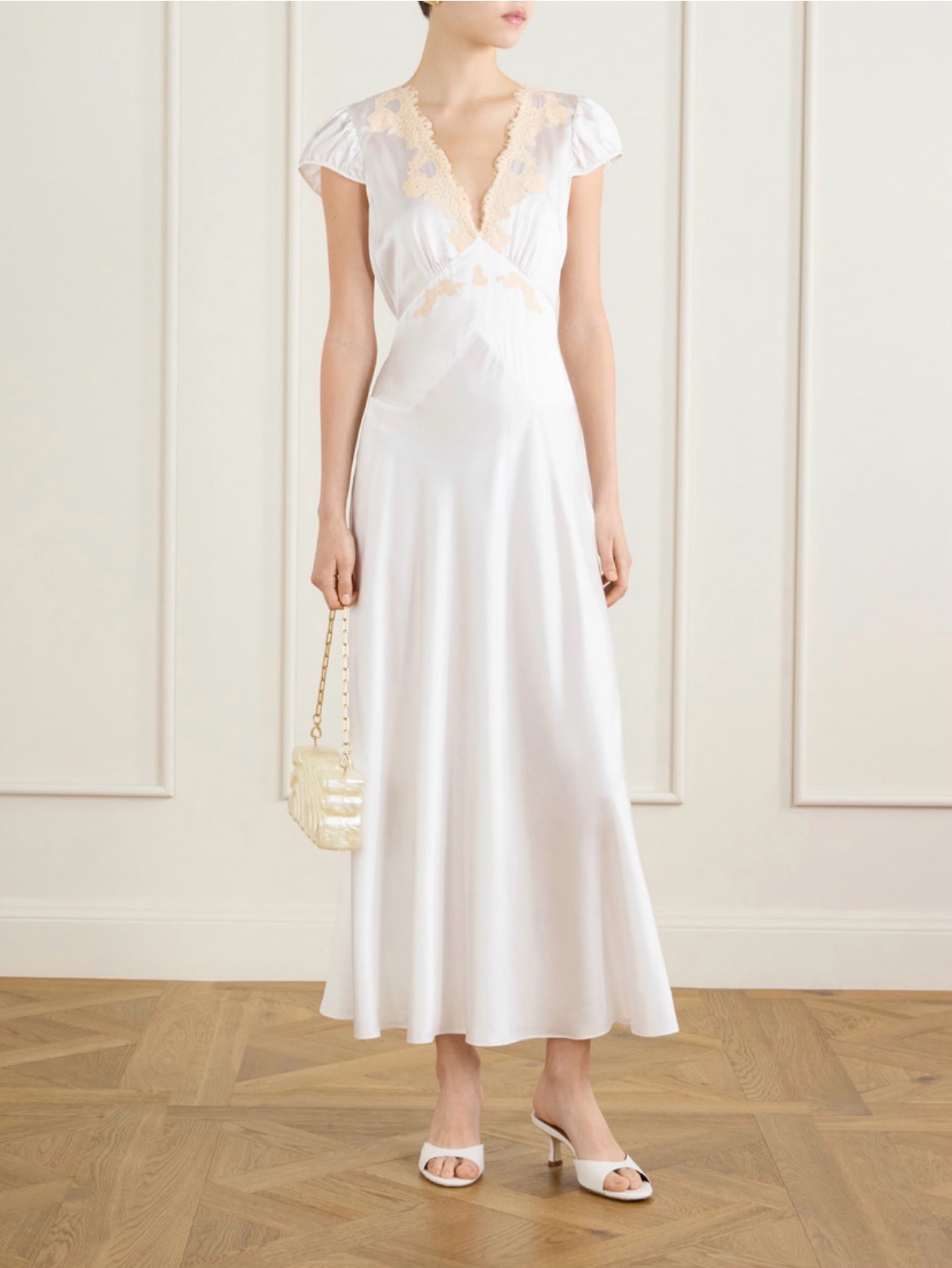 doen silk white dress Doen Valeria Scalloped Lace-Trimmed Silk-Satin Mini Dress in White