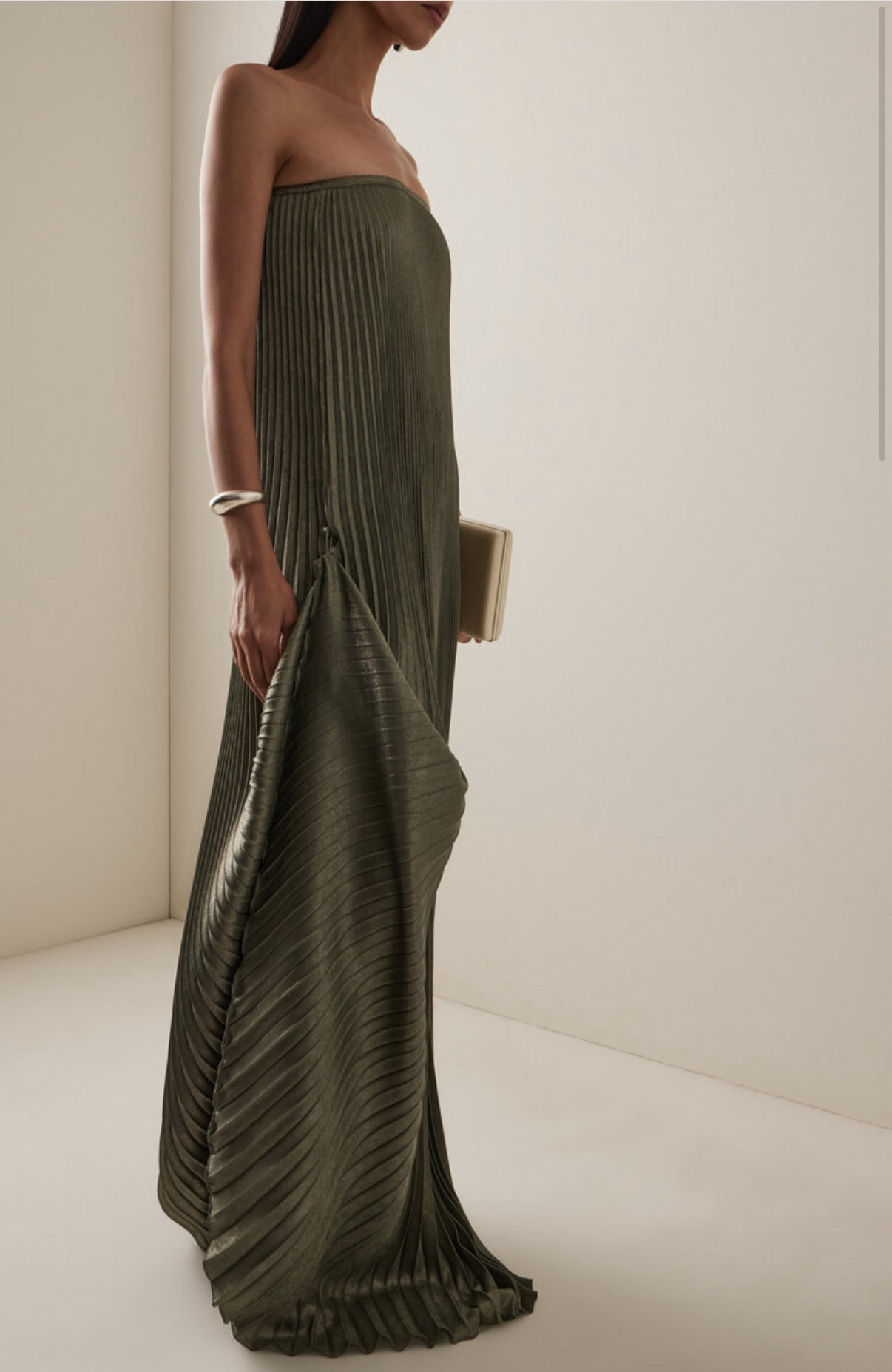 Olive Green Pleated Strapless Gown by L'idee - Pickle Olive Green Pleated Strapless Gown by L'idee - Pickle