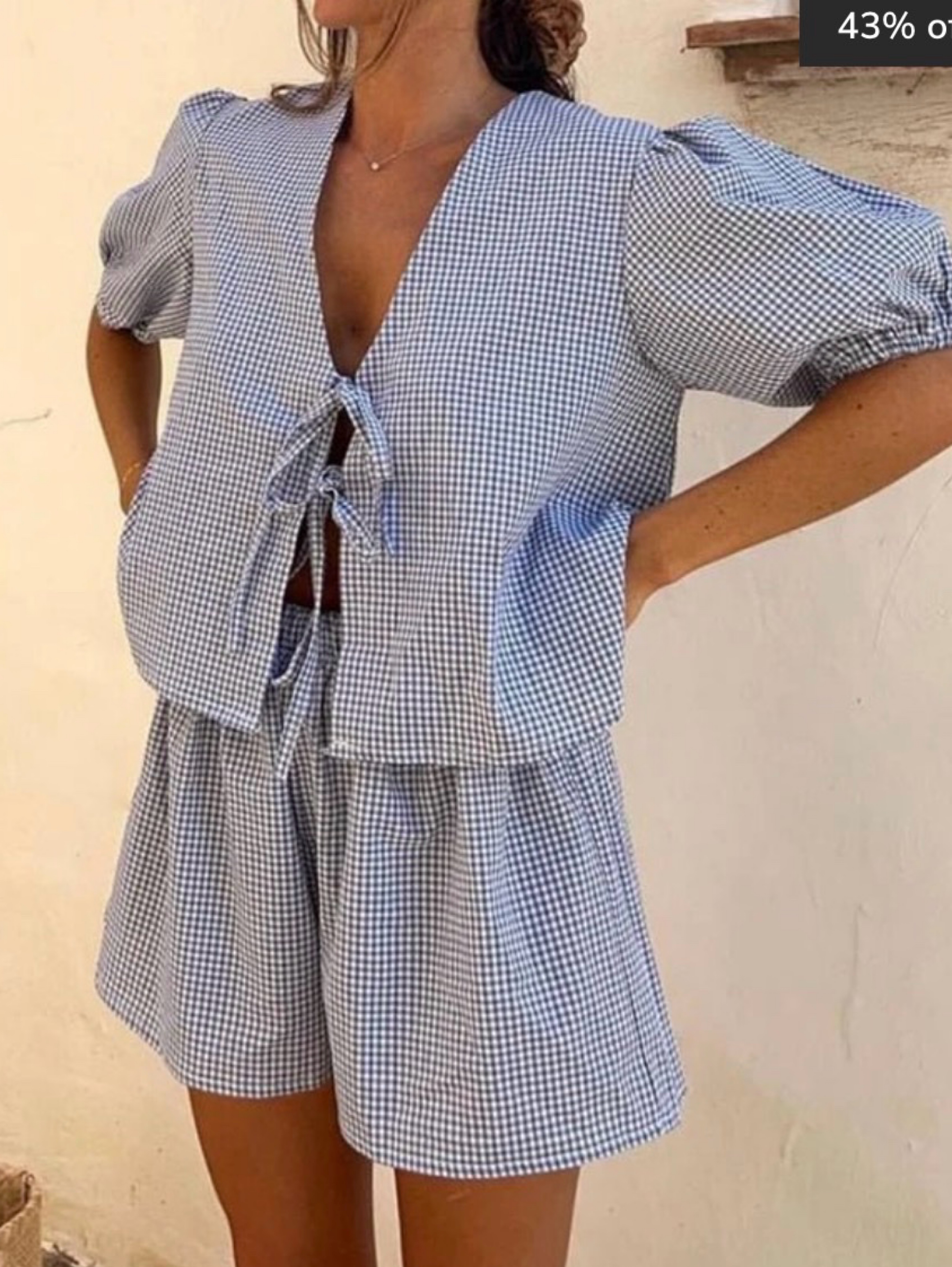 Blue Gingham Tie-Front Shorts Set